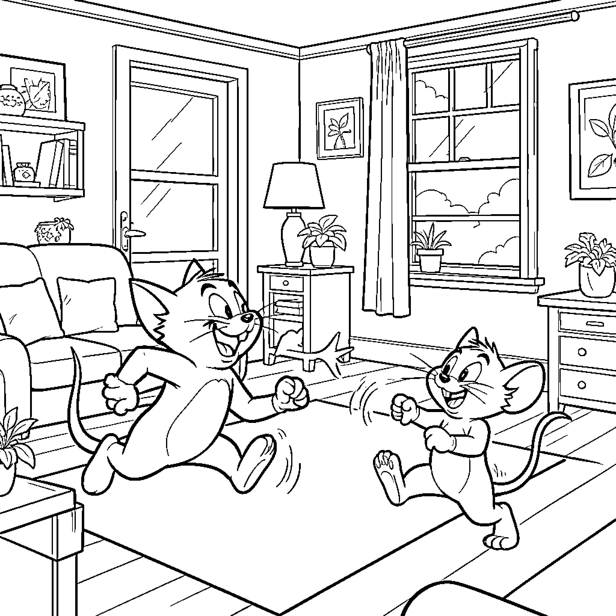 Tom and Jerry running and playing in a living room Coloring Page (free black-and-white line drawing printable PDF for all, from beginners to advanced learners, including children, teens, adults, and seniors)