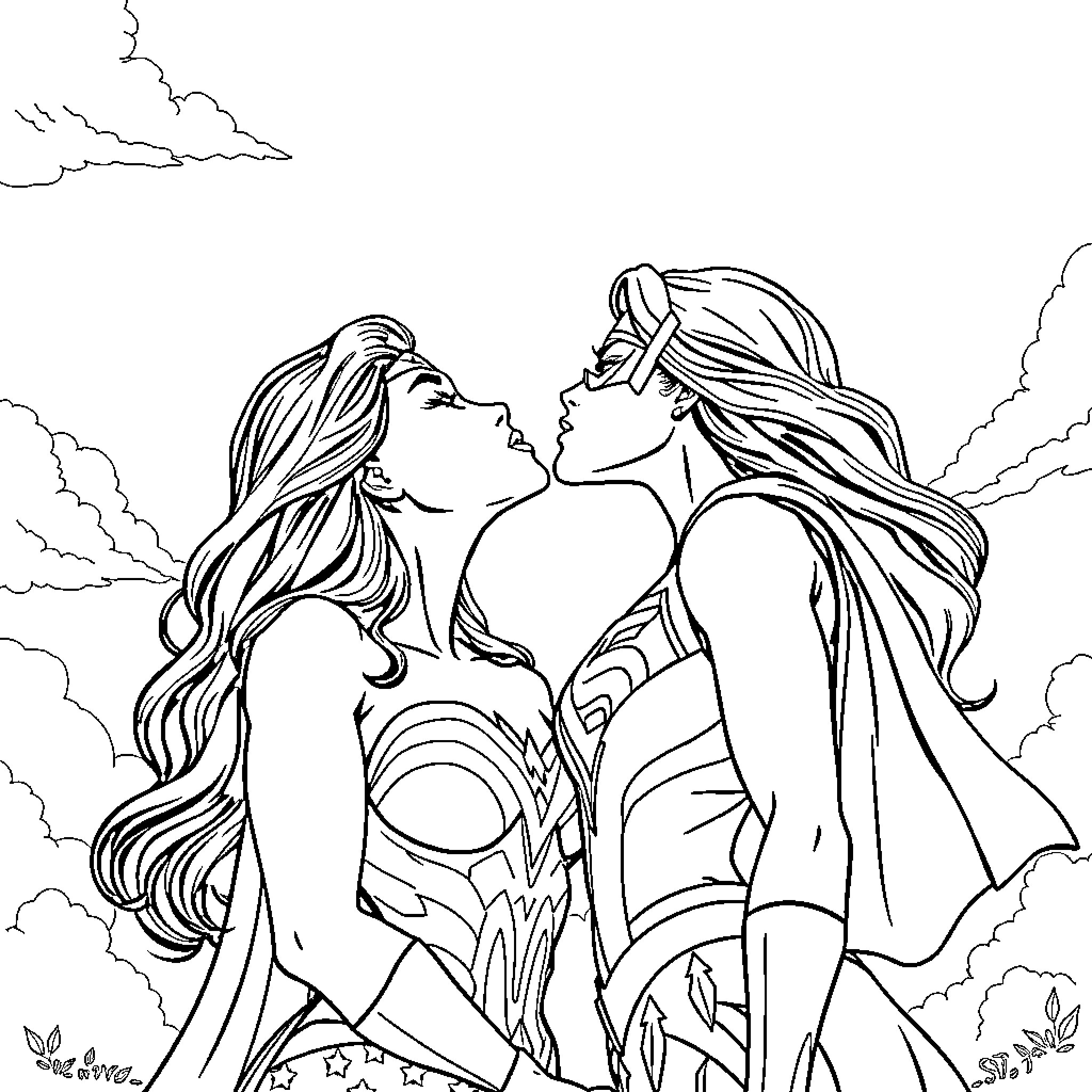 Wonder Woman facing off against a fierce opponent Coloring Page (free black-and-white line drawing printable PDF for all, from beginners to advanced learners, including children, teens, adults, and seniors)