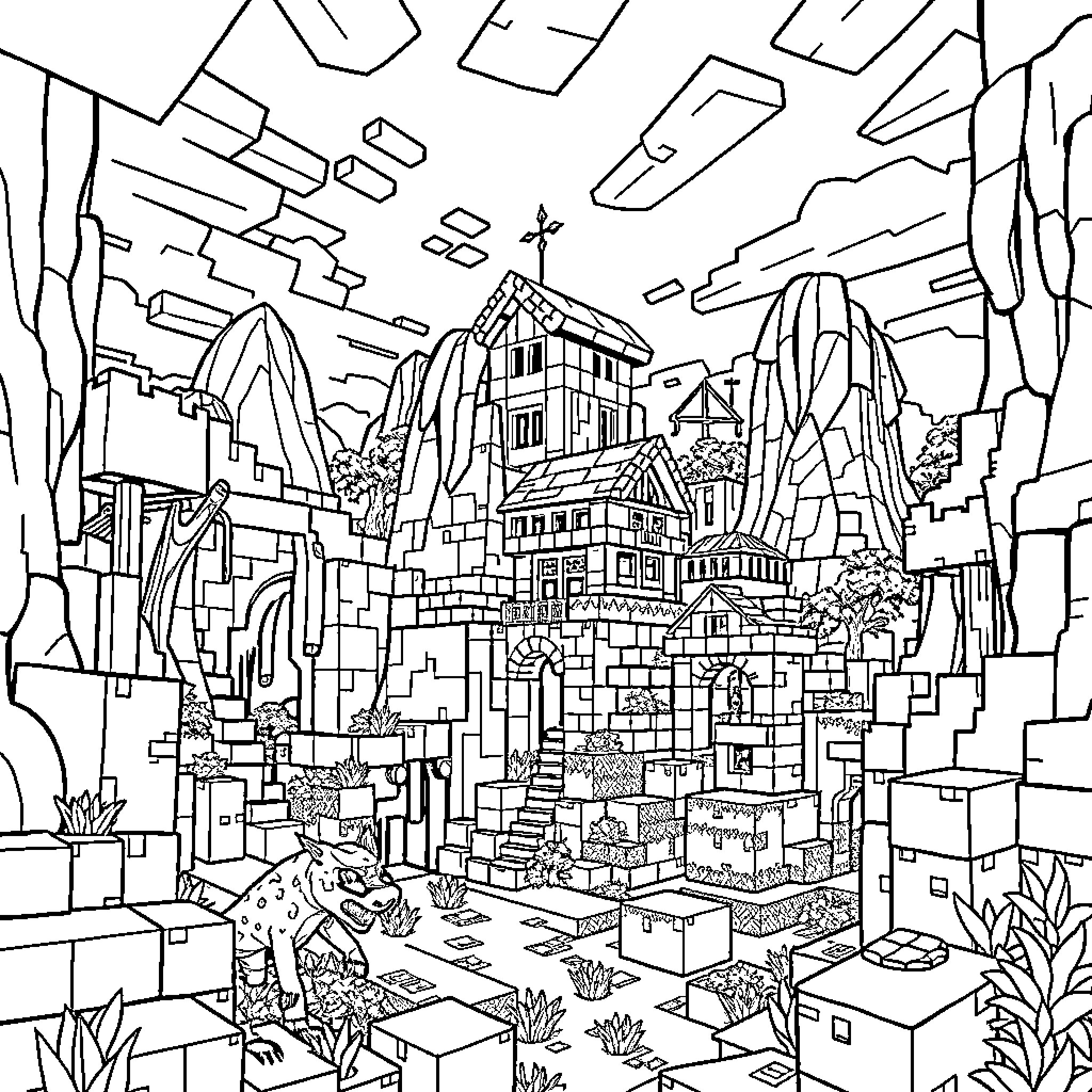 Minecraft Fantastical Landscape with Intricate Structures Coloring Page (free black-and-white line drawing printable PDF for all, from beginners to advanced learners, including children, teens, adults, and seniors)
