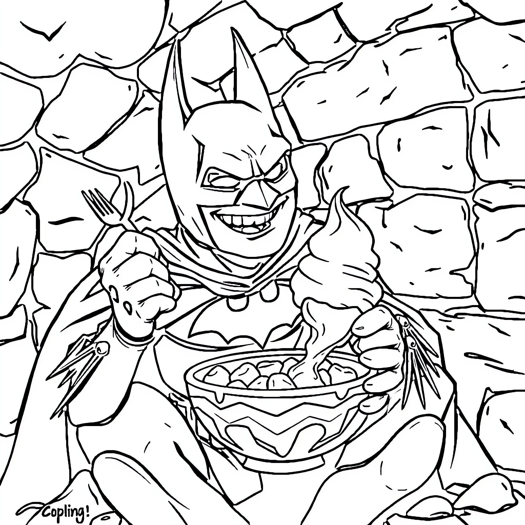 Batman's Caped Crusade: A Villain's Crypt Coloring Page (free black-and-white line drawing printable PDF for all, from beginners to advanced learners, including children, teens, adults, and seniors)