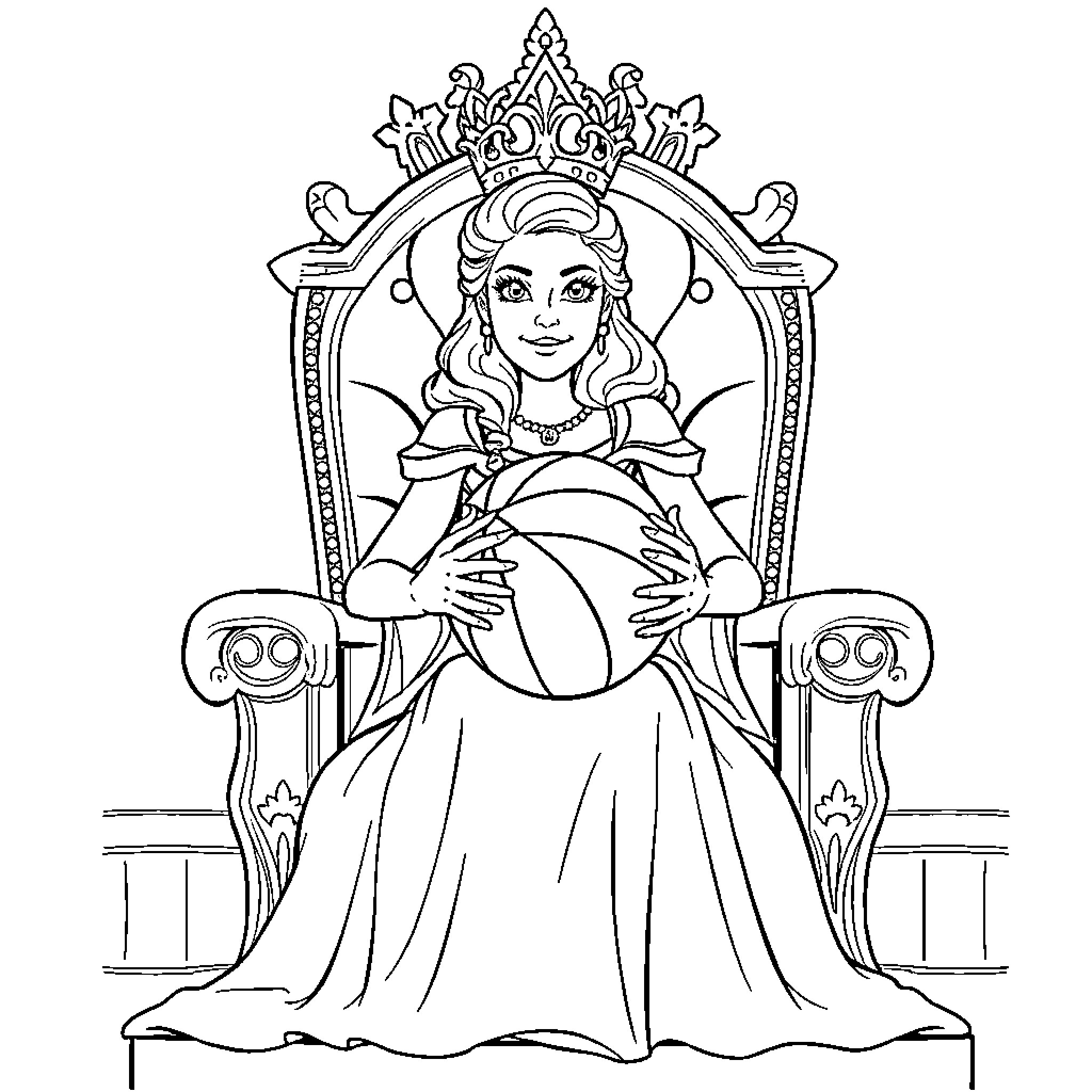 Princess sitting on a grand throne Coloring Page (free black-and-white line drawing printable PDF for all, from beginners to advanced learners, including children, teens, adults, and seniors)