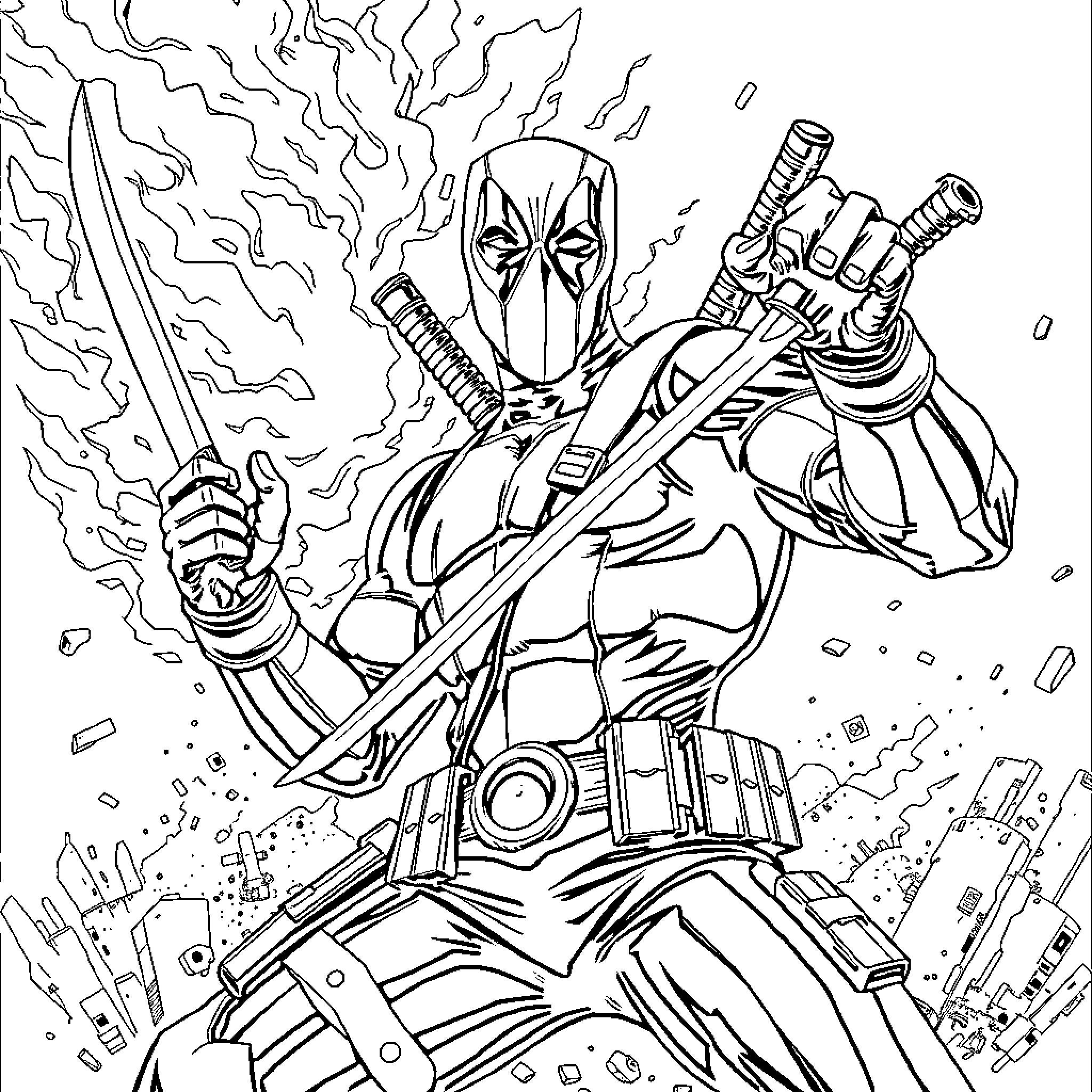 Deadpool, the Merc with a Mouth, in Action Coloring Page (free black-and-white line drawing printable PDF for all, from beginners to advanced learners, including children, teens, adults, and seniors)