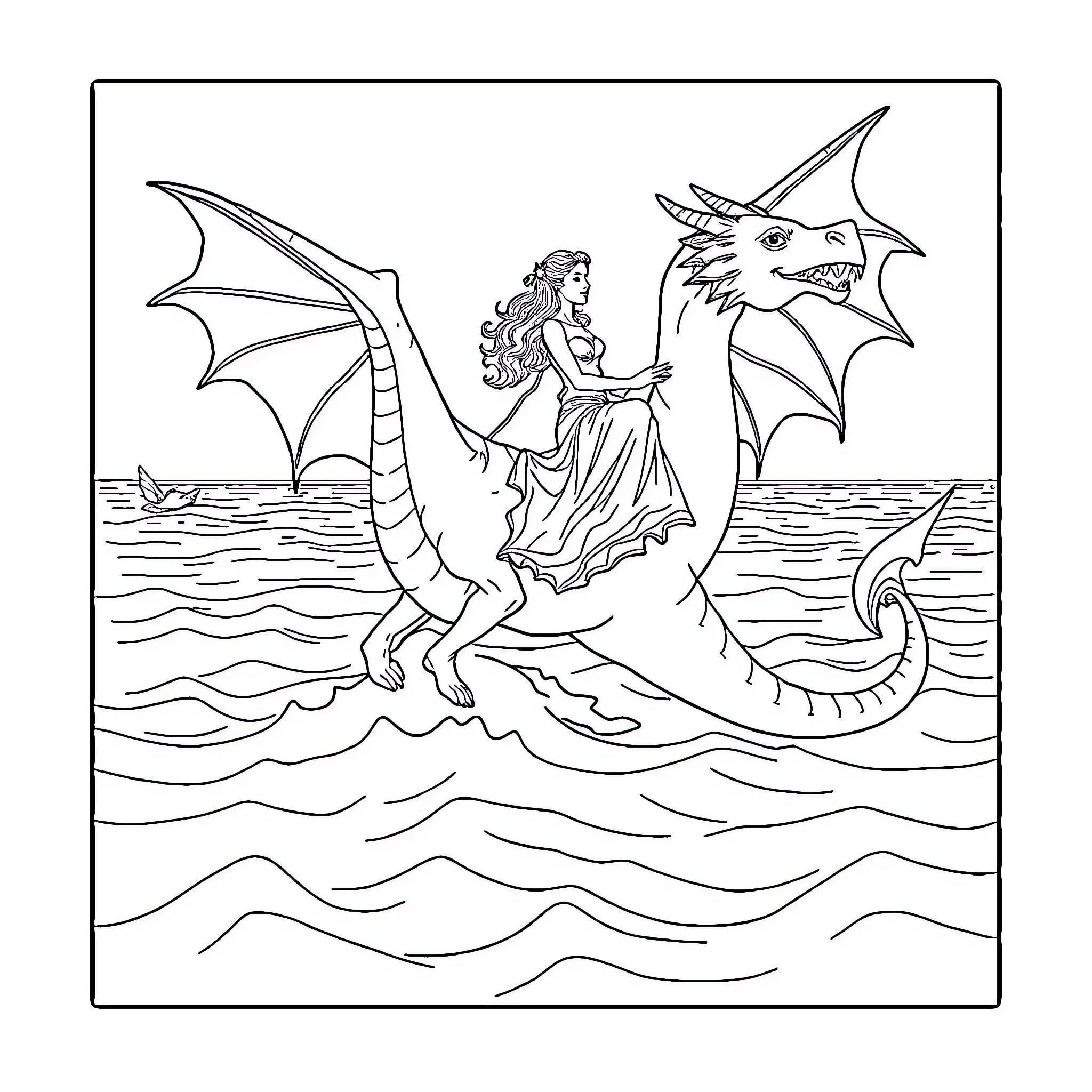 Céline Dion riding a dragon over the ocean Coloring Page (free black-and-white line drawing printable PDF for all, from beginners to advanced learners, including children, teens, adults, and seniors)