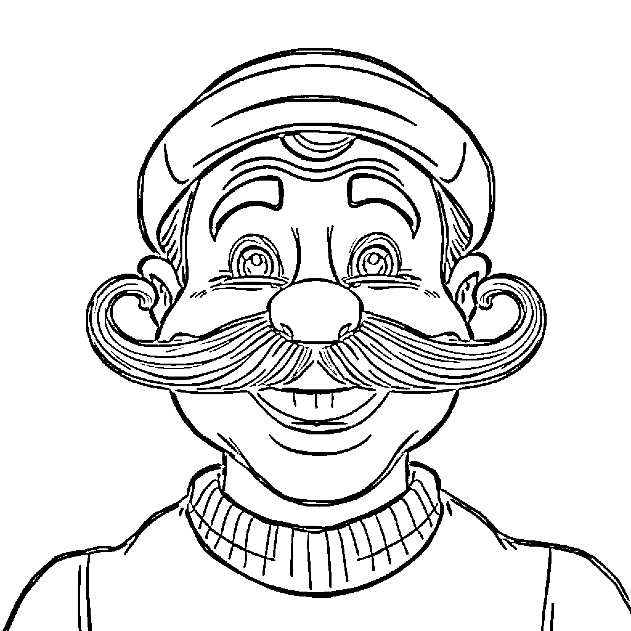 Friend with a Cheerful Mustache Coloring Page (free black-and-white line drawing printable PDF for all, from beginners to advanced learners, including children, teens, adults, and seniors)