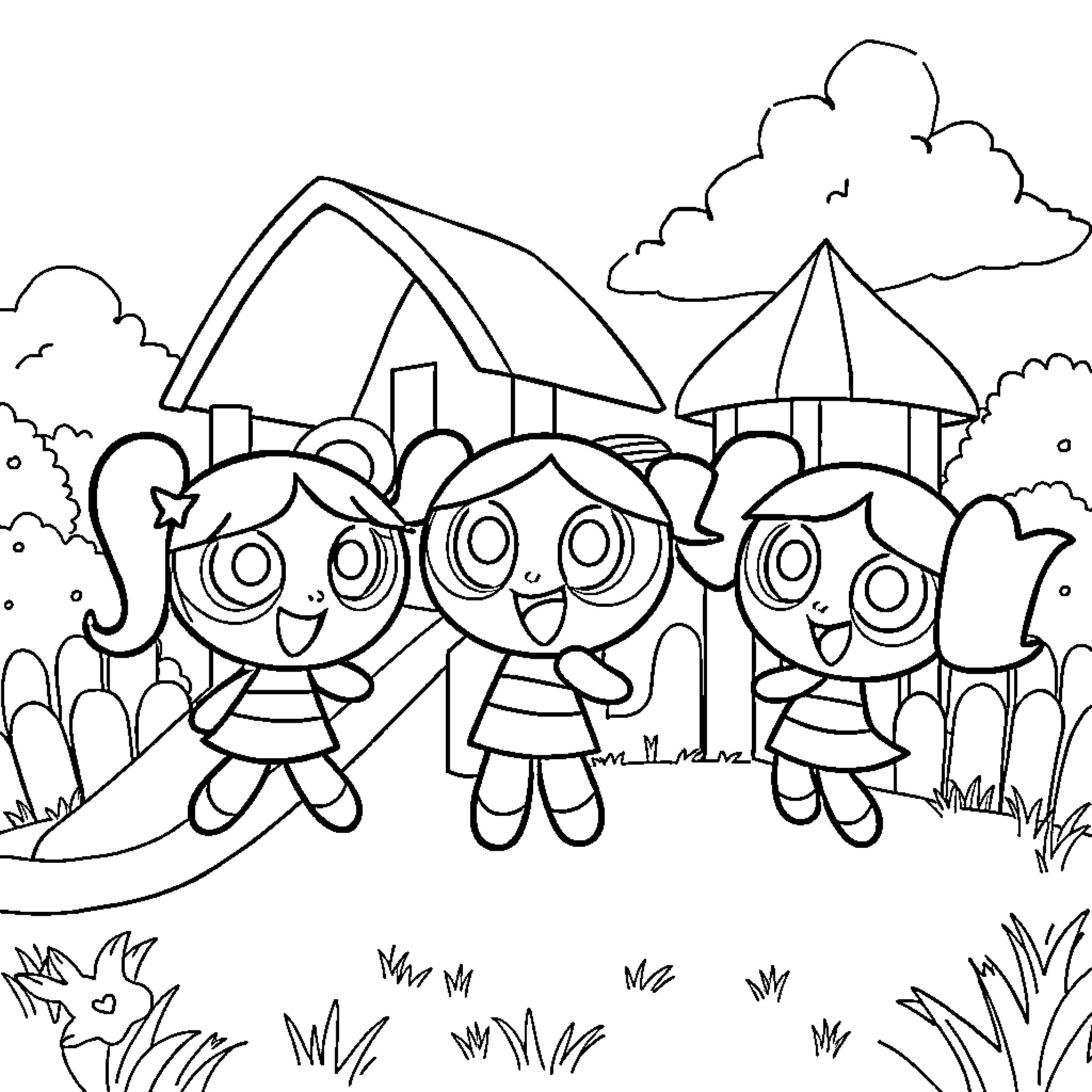 Powerpuff Girls playing happily in a scenic outdoor setting Coloring Page (free black-and-white line drawing printable PDF for all, from beginners to advanced learners, including children, teens, adults, and seniors)