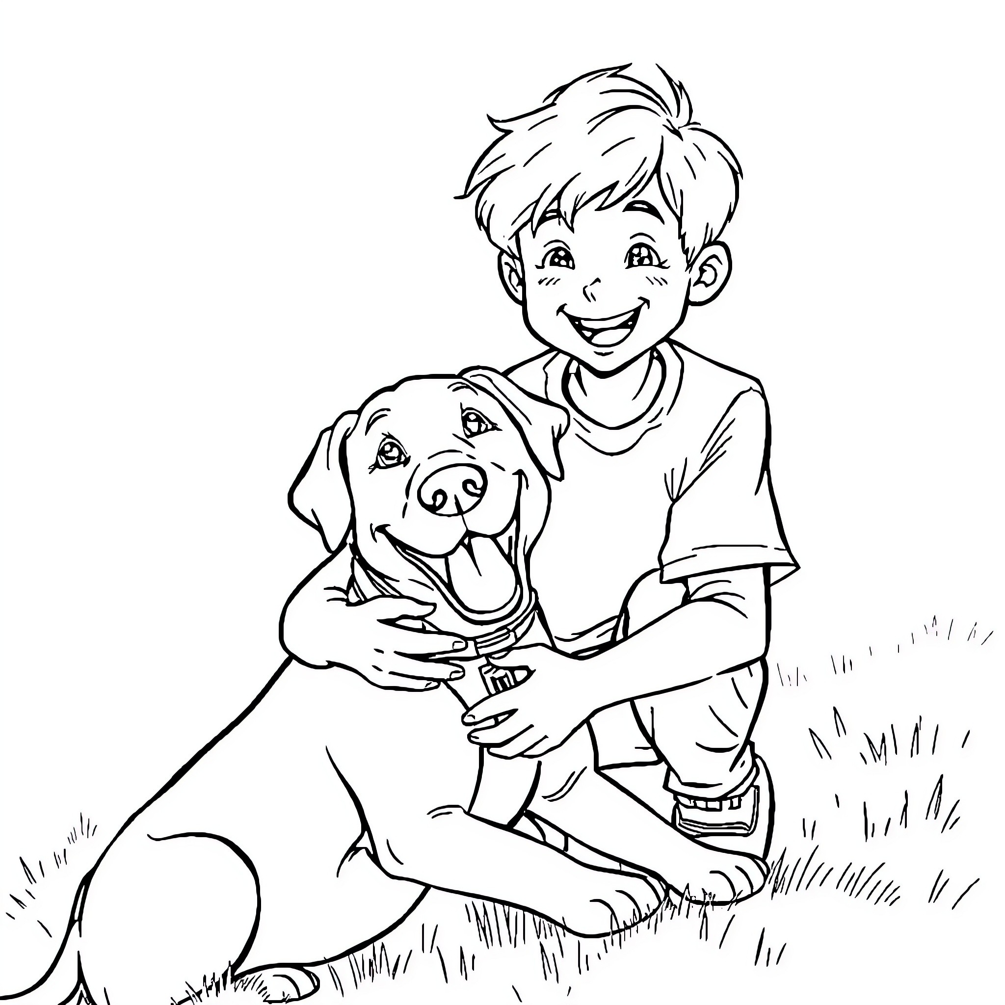 Teenage Boy Playing with Loyal Dog Coloring Page (free black-and-white line drawing printable PDF for all, from beginners to advanced learners, including children, teens, adults, and seniors)