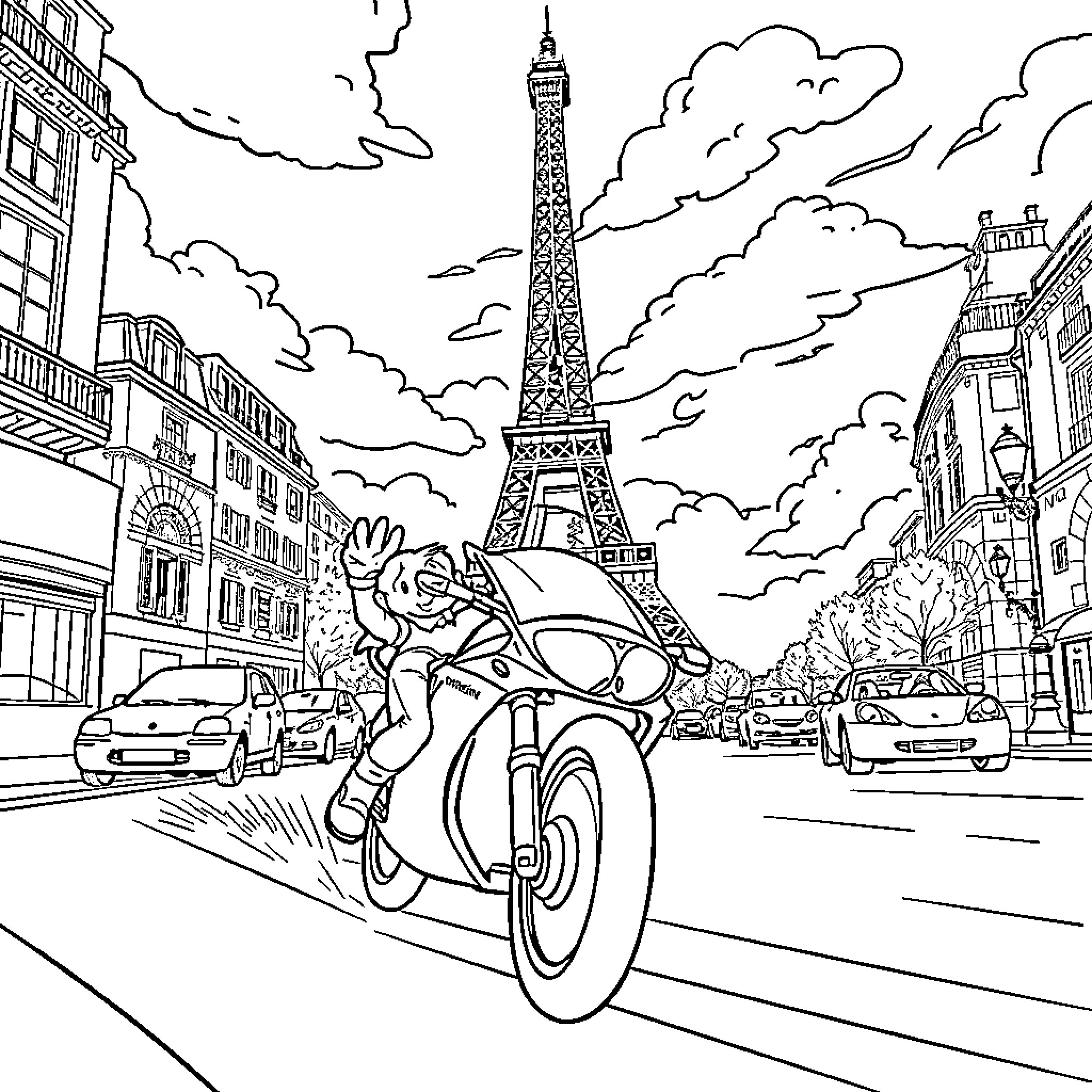 Finn McMissile racing through the streets of Paris Coloring Page (free black-and-white line drawing printable PDF for all, from beginners to advanced learners, including children, teens, adults, and seniors)