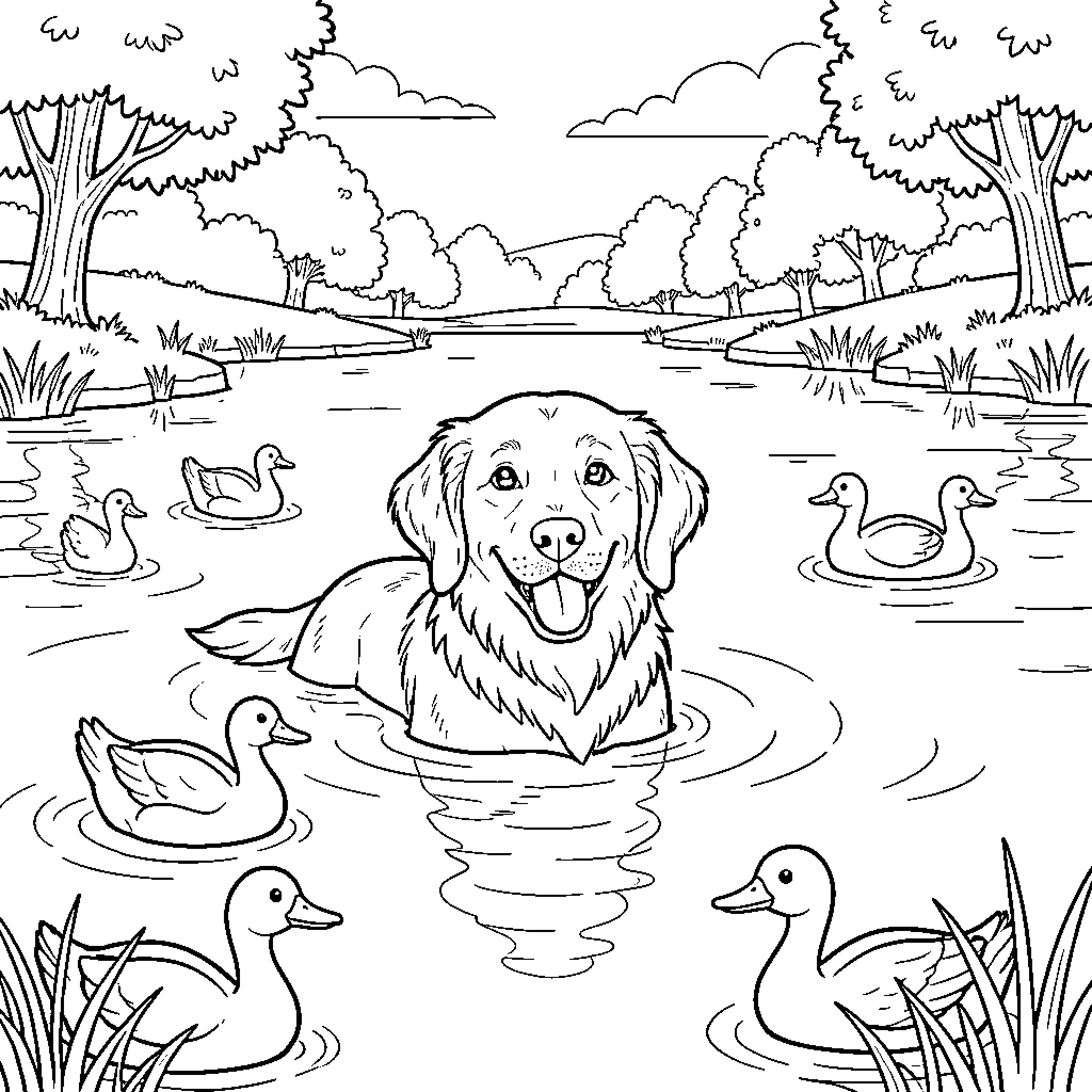 Golden Retriever playing in a pond with ducks Coloring Page (free black-and-white line drawing printable PDF for all, from beginners to advanced learners, including children, teens, adults, and seniors)