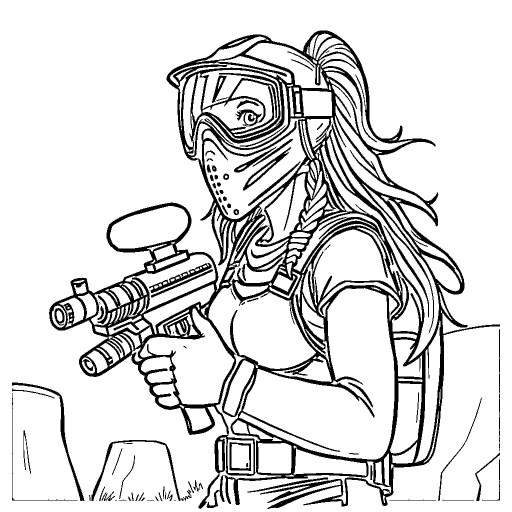 Artemis the Futuristic Warrior in Action Coloring Page (free black-and-white line drawing printable PDF for all, from beginners to advanced learners, including children, teens, adults, and seniors)