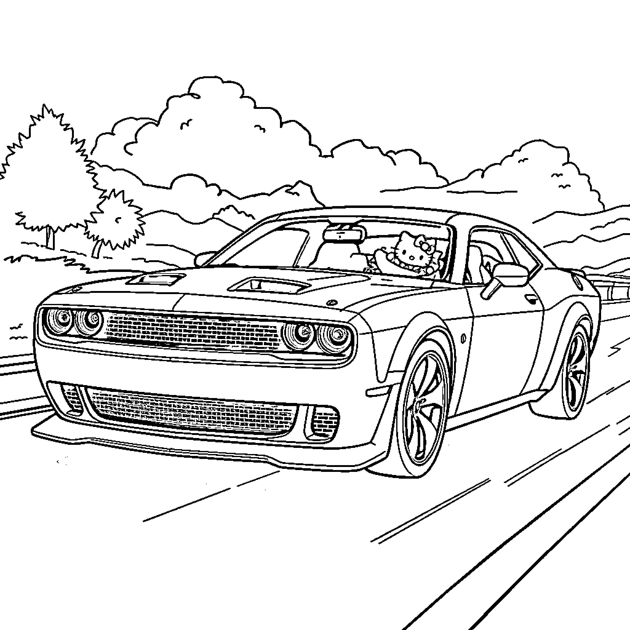 Hellcat speeding through the countryside Coloring Page (free black-and-white line drawing printable PDF for all, from beginners to advanced learners, including children, teens, adults, and seniors)
