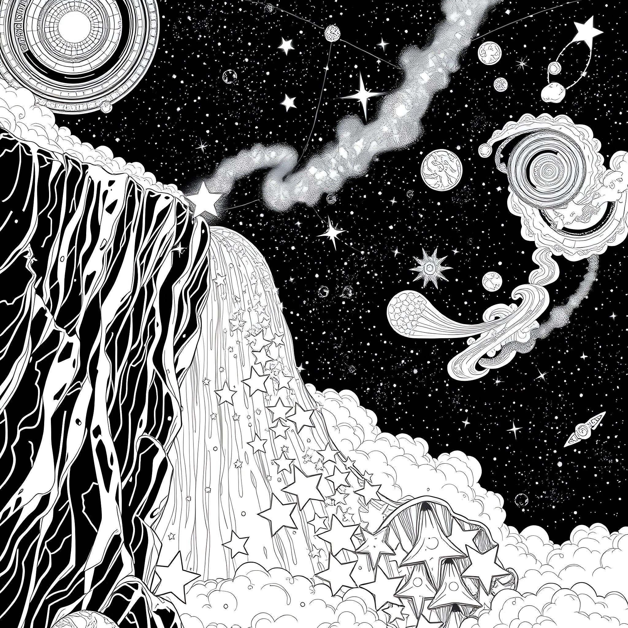 Waterfall of stars cascading through cosmic clouds Coloring Page (free black-and-white line drawing printable PDF for all, from beginners to advanced learners, including children, teens, adults, and seniors)