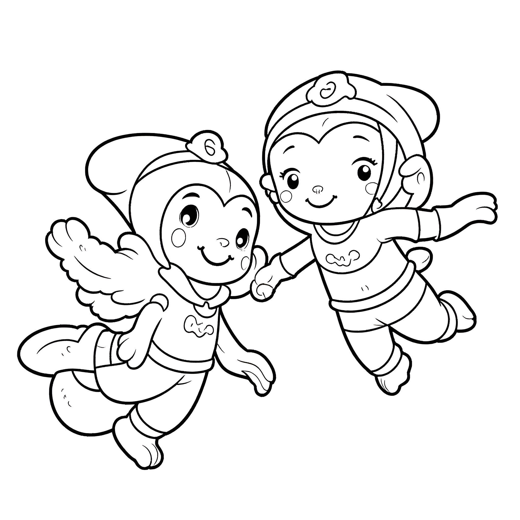 Bluey and friends enjoying a playful moment Coloring Page (free black-and-white line drawing printable PDF for all, from beginners to advanced learners, including children, teens, adults, and seniors)