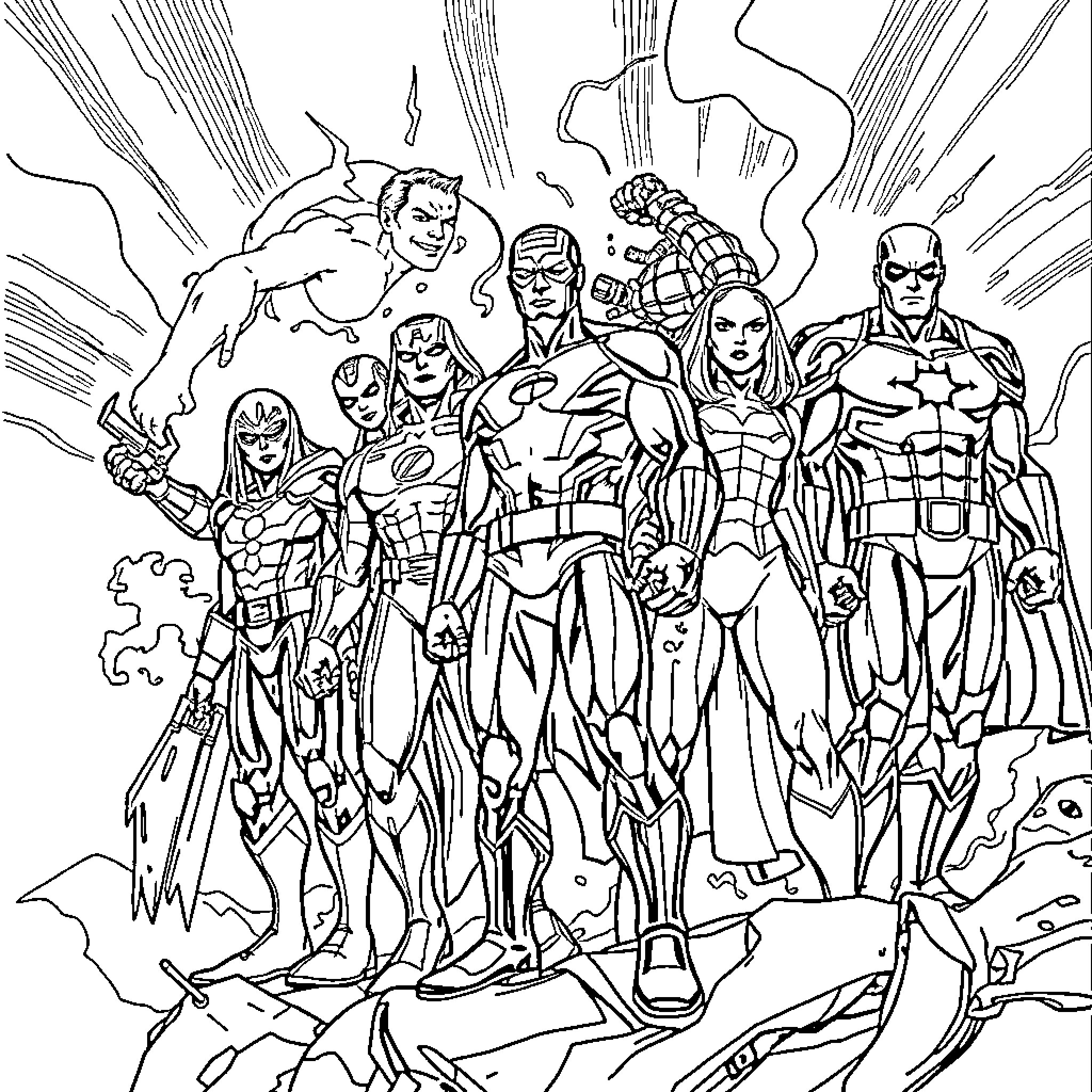 Marvel Superheroes Assembled in Heroic Poses Coloring Page (free black-and-white line drawing printable PDF for all, from beginners to advanced learners, including children, teens, adults, and seniors)