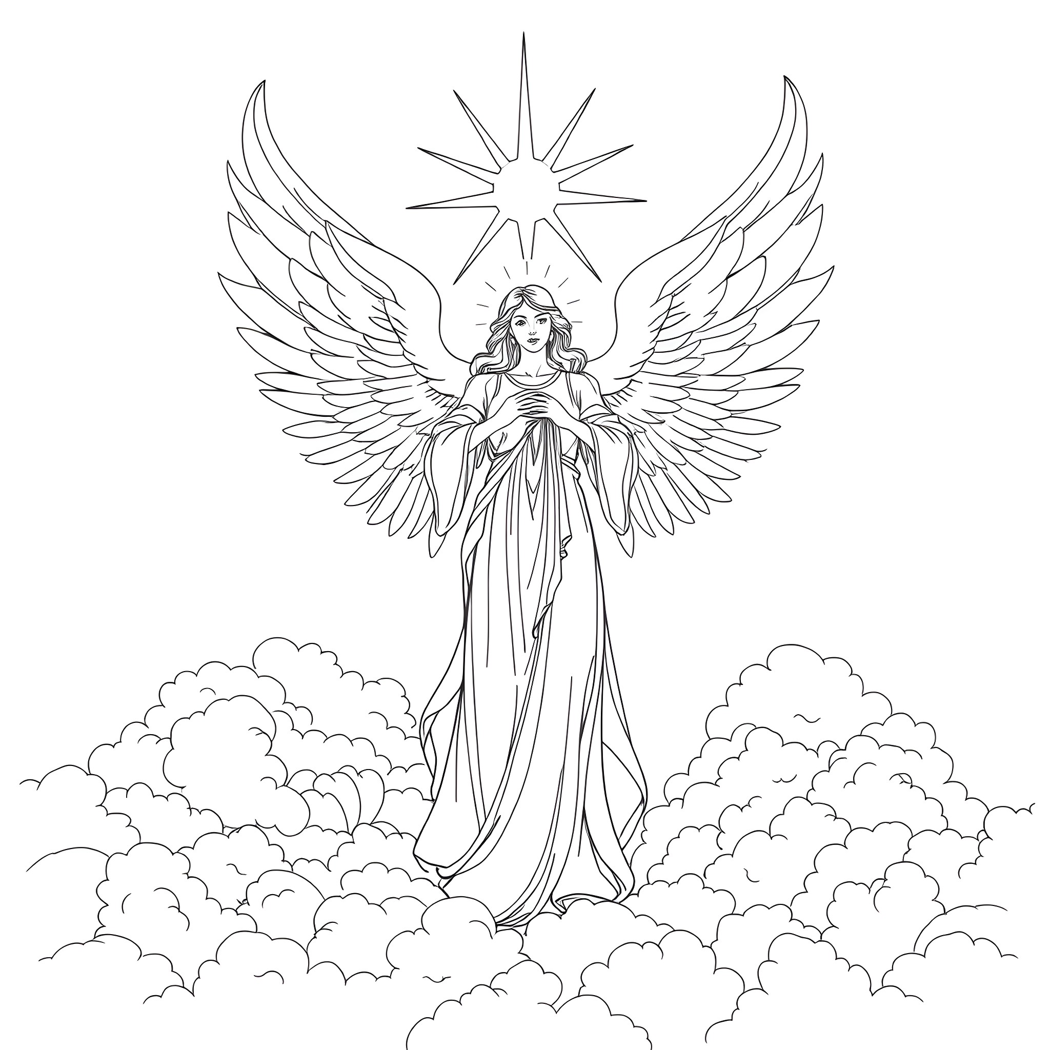 Angel of hope with outstretched wings in the sky Coloring Page (free black-and-white line drawing printable PDF for all, from beginners to advanced learners, including children, teens, adults, and seniors)