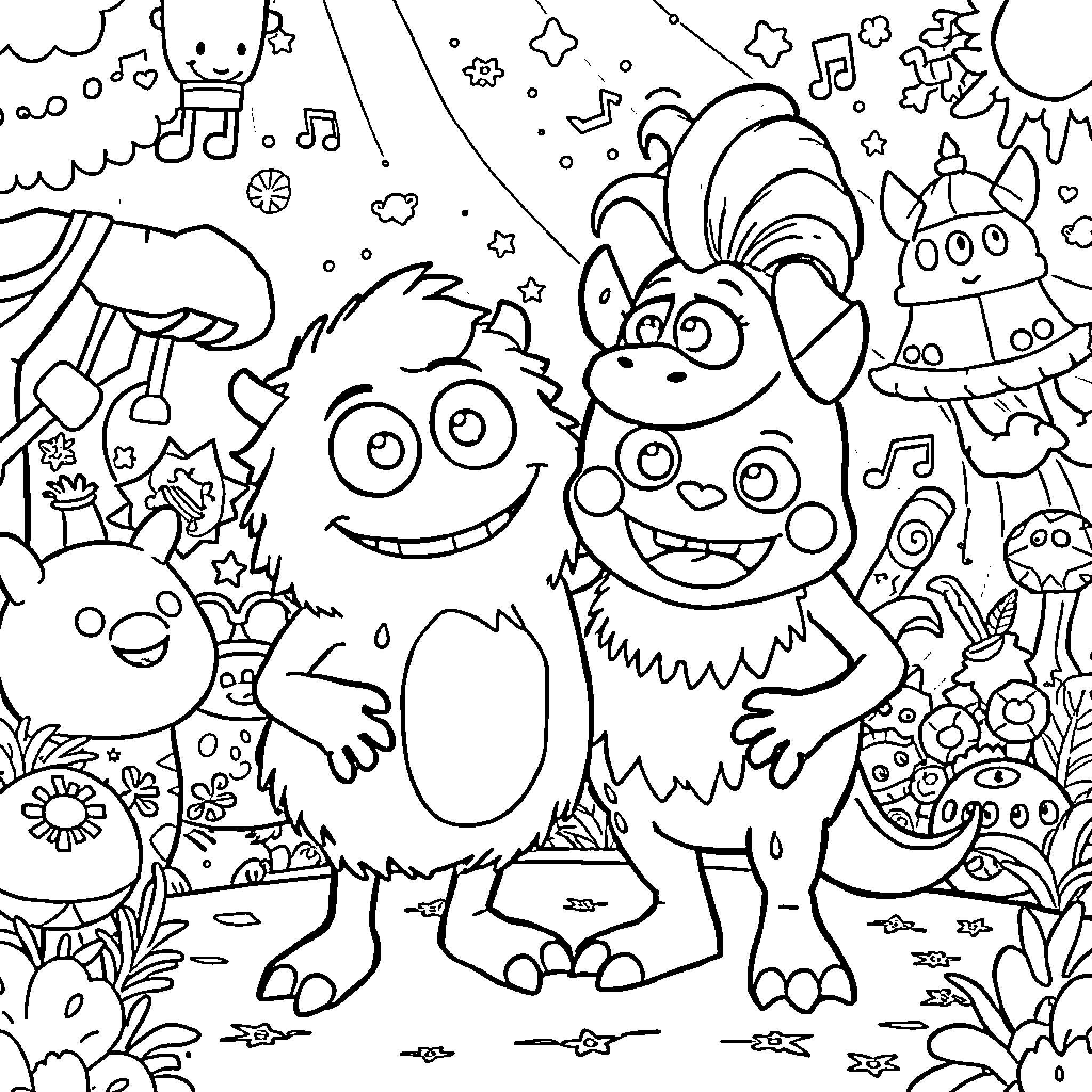Mammott and Friends in a Whimsical Fantasy World Coloring Page (free black-and-white line drawing printable PDF for all, from beginners to advanced learners, including children, teens, adults, and seniors)