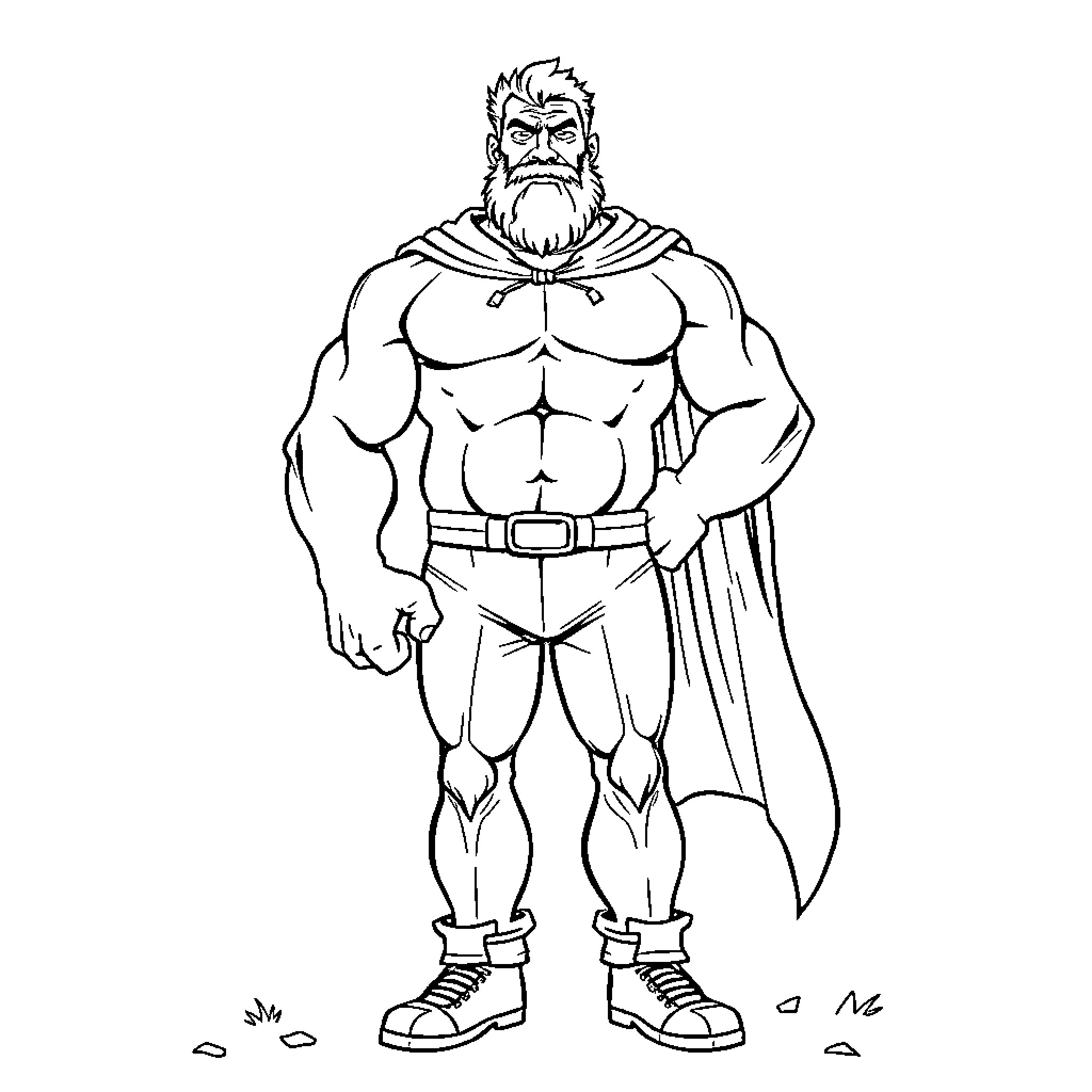 Giant Muscular Hero in Heroic Pose Coloring Page (free black-and-white line drawing printable PDF for all, from beginners to advanced learners, including children, teens, adults, and seniors)