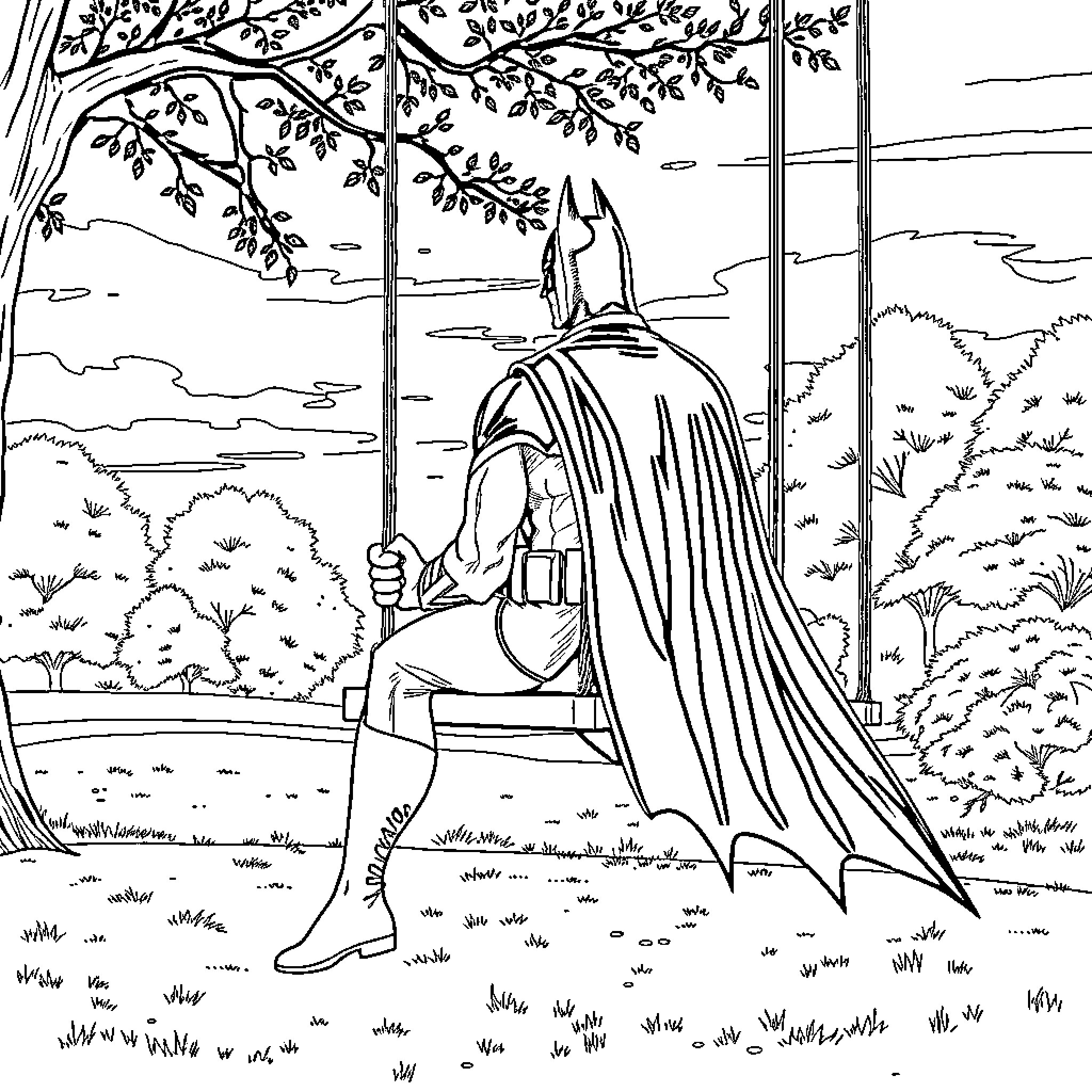 Batman exploring the mysterious forest Coloring Page (free black-and-white line drawing printable PDF for all, from beginners to advanced learners, including children, teens, adults, and seniors)