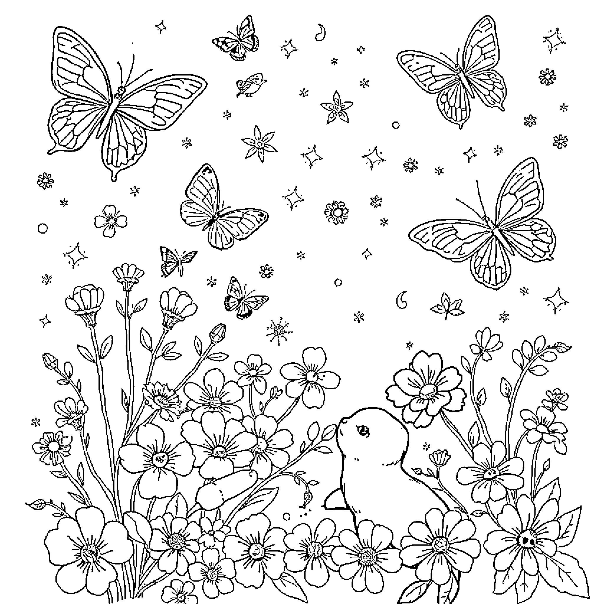 Butterfly Meadow with Flowers and Stars Coloring Page (free black-and-white line drawing printable PDF for all, from beginners to advanced learners, including children, teens, adults, and seniors)