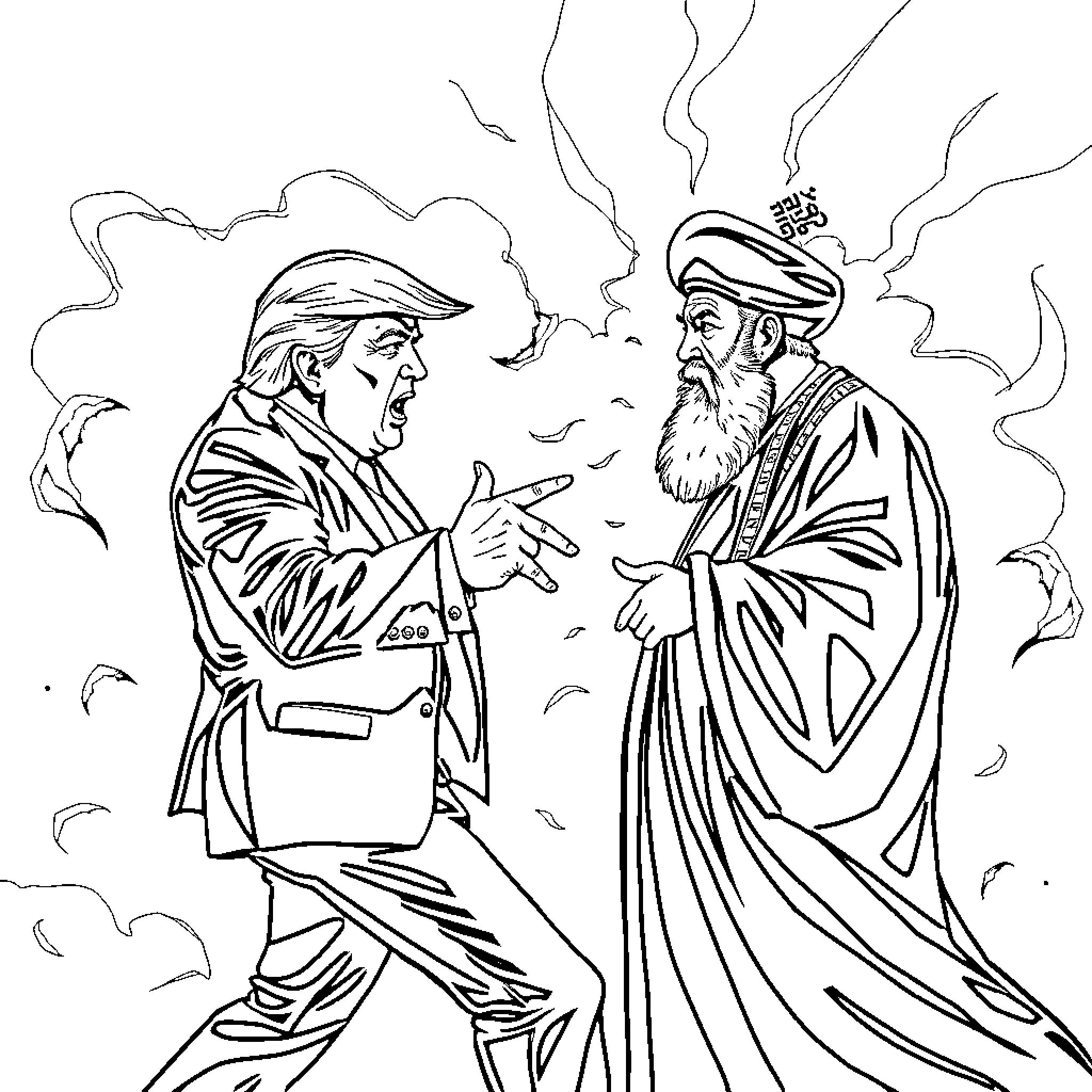Trump Arguing Heatedly with Older Man in Traditional Robes Coloring Page (free black-and-white line drawing printable PDF for all, from beginners to advanced learners, including children, teens, adults, and seniors)