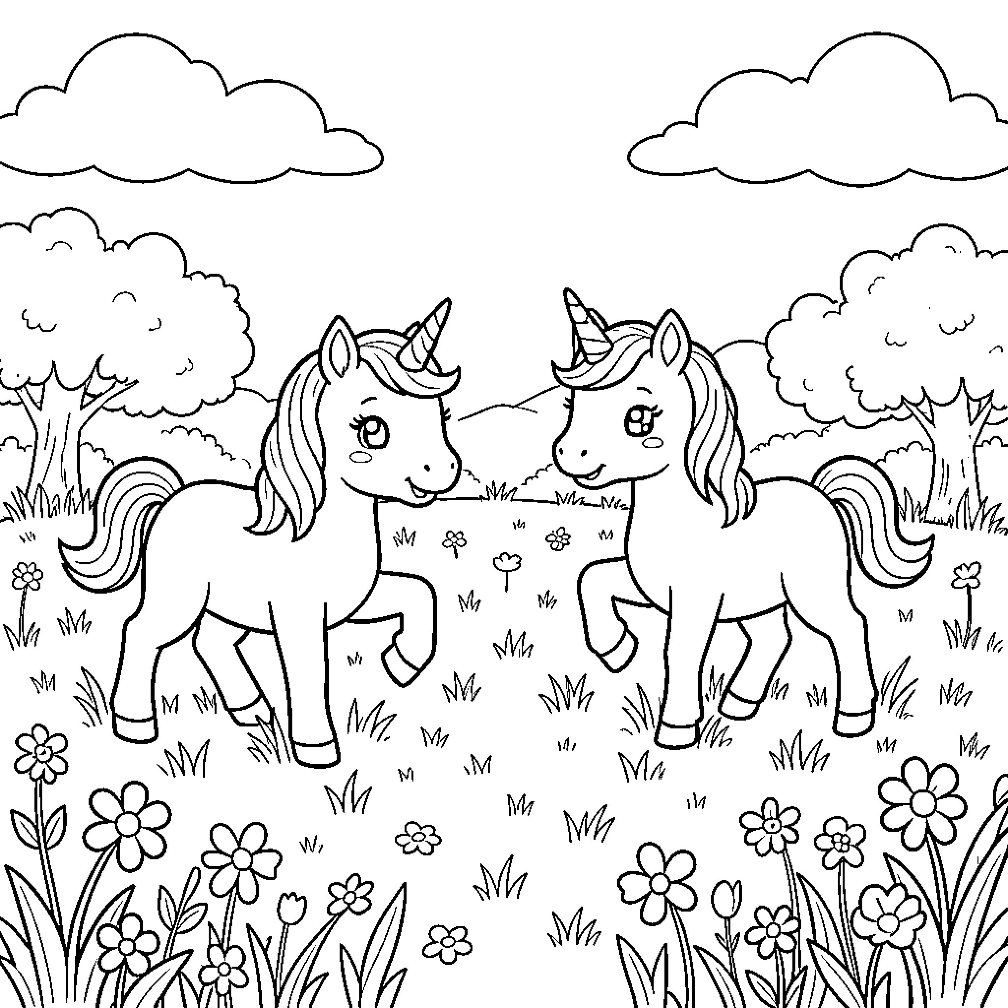 Unicorn pair prancing in a flower-filled meadow Coloring Page (free black-and-white line drawing printable PDF for all, from beginners to advanced learners, including children, teens, adults, and seniors)
