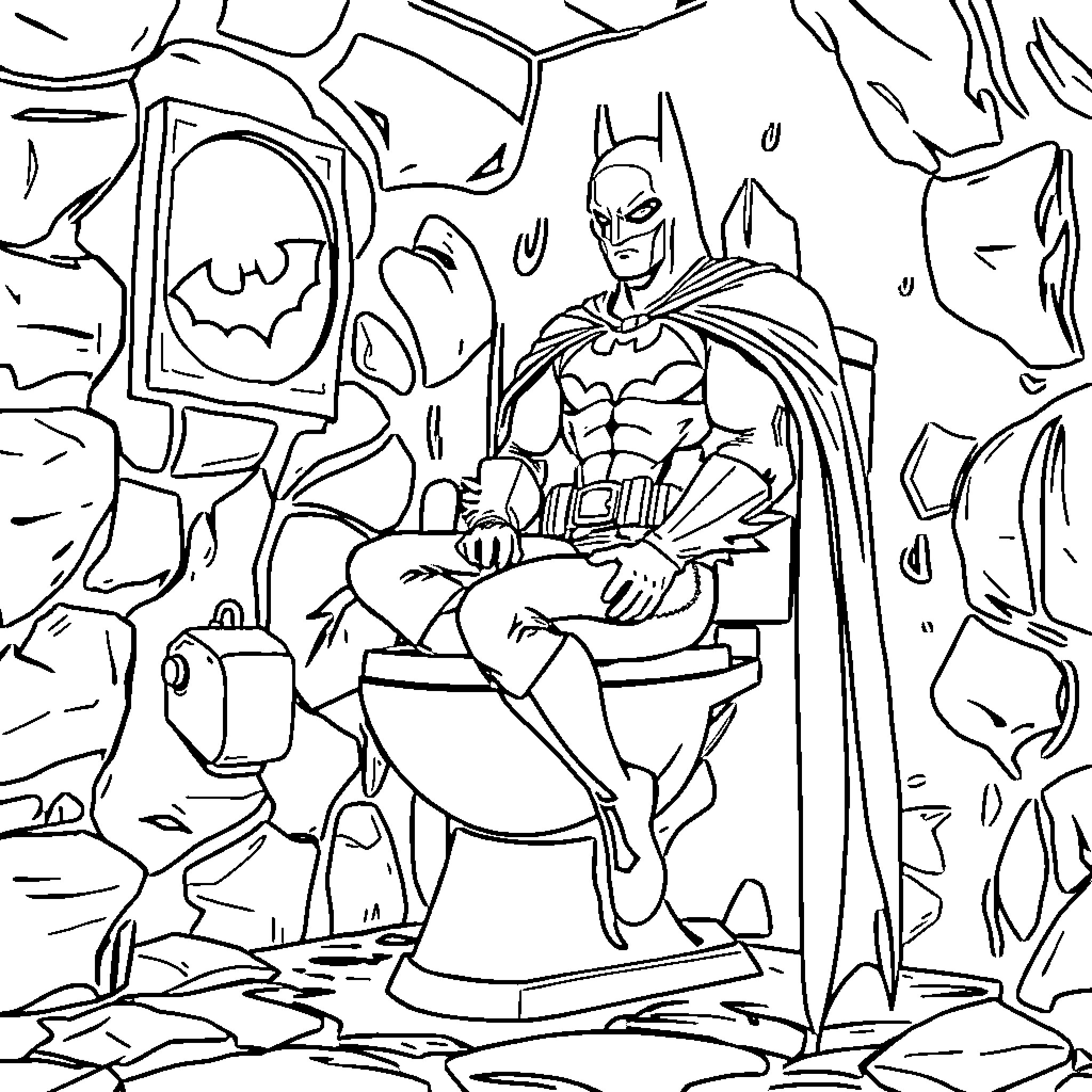 Batman in action-packed adventure scene Coloring Page (free black-and-white line drawing printable PDF for all, from beginners to advanced learners, including children, teens, adults, and seniors)