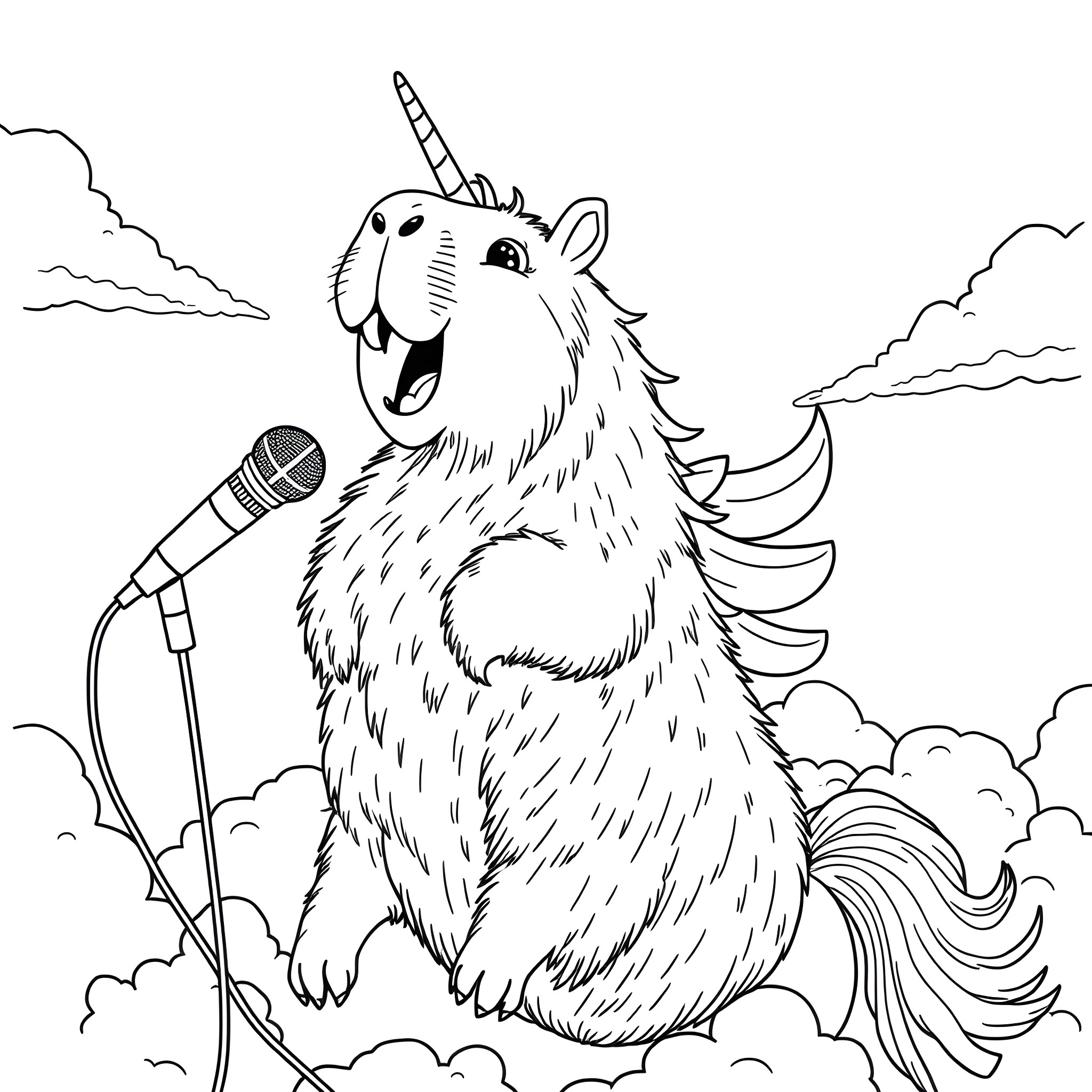 Capybara singing with a microphone Coloring Page (free black-and-white line drawing printable PDF for all, from beginners to advanced learners, including children, teens, adults, and seniors)
