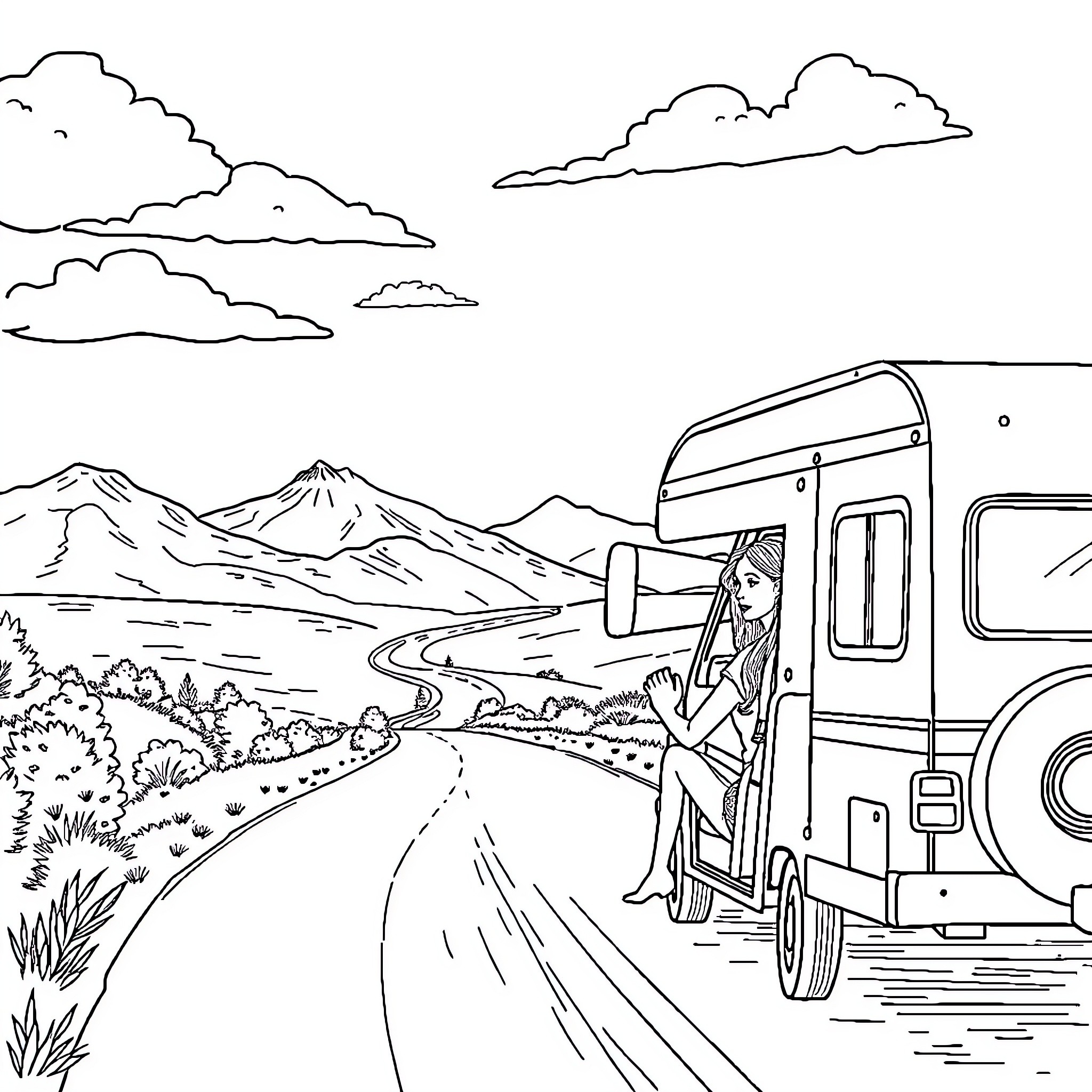Woman standing outside recreational vehicle on scenic mountain road Coloring Page (free black-and-white line drawing printable PDF for all, from beginners to advanced learners, including children, teens, adults, and seniors)