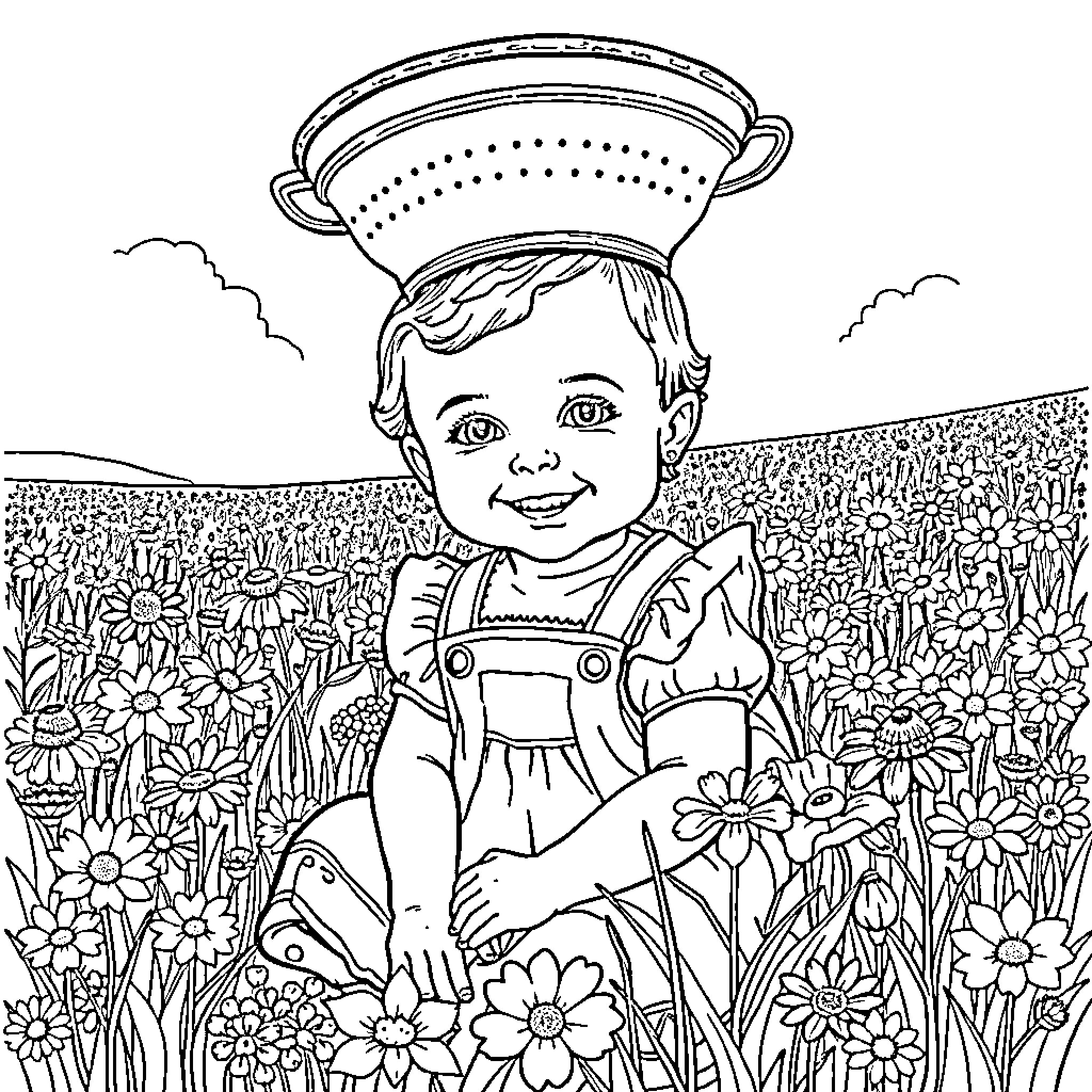 Baby exploring a lush floral field Coloring Page (free black-and-white line drawing printable PDF for all, from beginners to advanced learners, including children, teens, adults, and seniors)