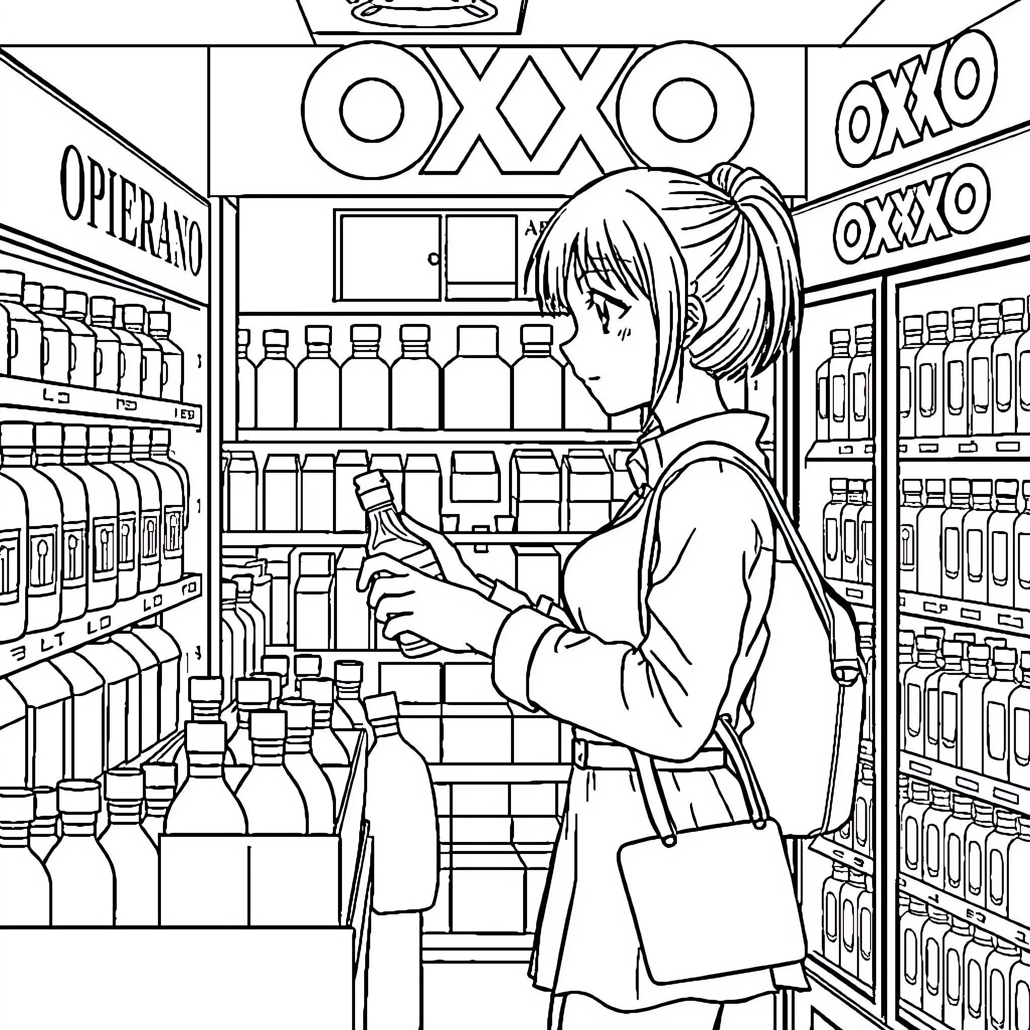 Serena Tsukino shopping at the convenience store Coloring Page (free black-and-white line drawing printable PDF for all, from beginners to advanced learners, including children, teens, adults, and seniors)