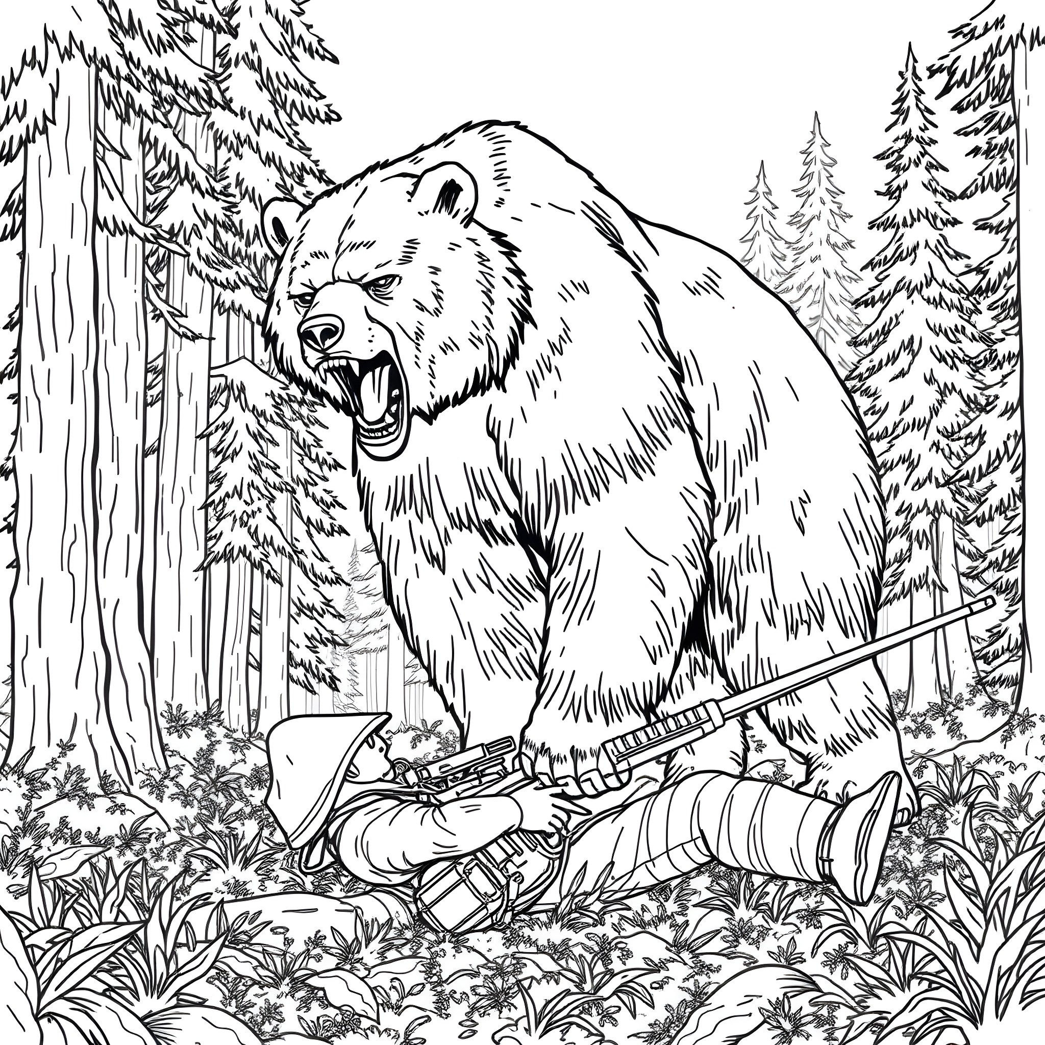 Bear roaring aggressively in the forest Coloring Page (free black-and-white line drawing printable PDF for all, from beginners to advanced learners, including children, teens, adults, and seniors)