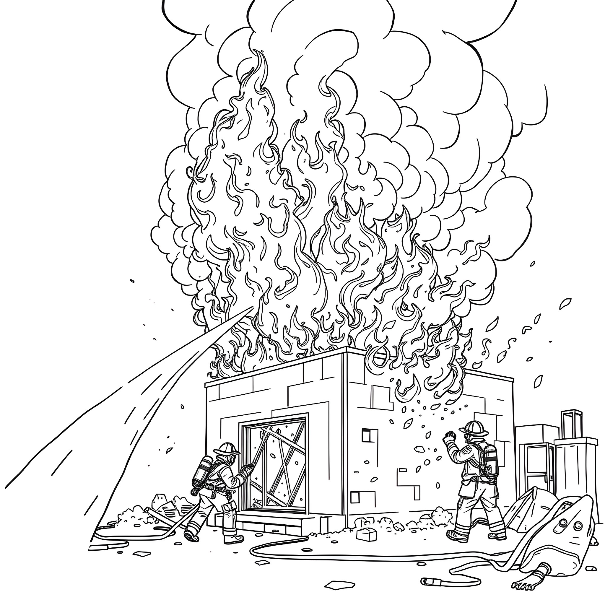 Firefighters Battling Blaze in Building Coloring Page (free black-and-white line drawing printable PDF for all, from beginners to advanced learners, including children, teens, adults, and seniors)