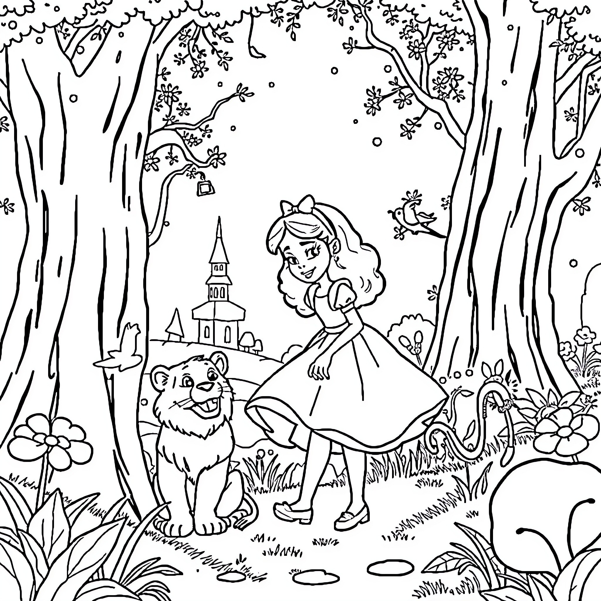 Alice's Enchanting Woodland Adventure with Friendly Companions Coloring Page (free black-and-white line drawing printable PDF for all, from beginners to advanced learners, including children, teens, adults, and seniors)