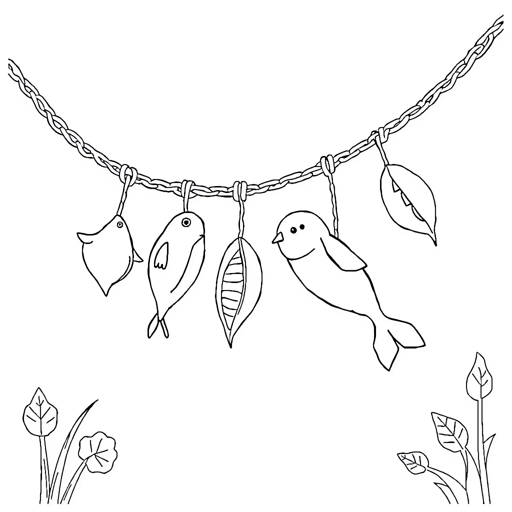Klompen-style Hanging Decorative Fishies and Birds Coloring Page (free black-and-white line drawing printable PDF for all, from beginners to advanced learners, including children, teens, adults, and seniors)