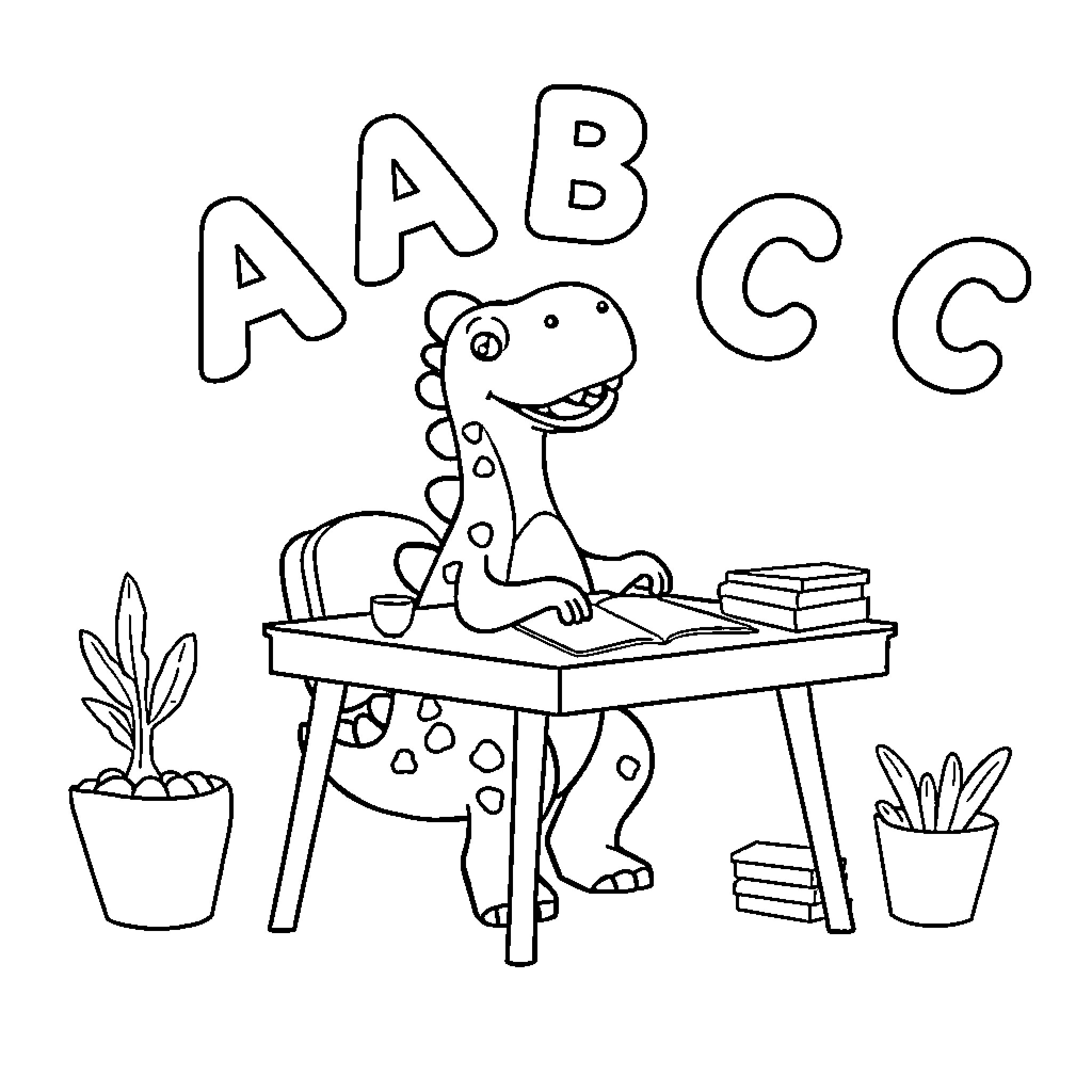 Dinosaur learning the alphabet at desk Coloring Page (free black-and-white line drawing printable PDF for all, from beginners to advanced learners, including children, teens, adults, and seniors)