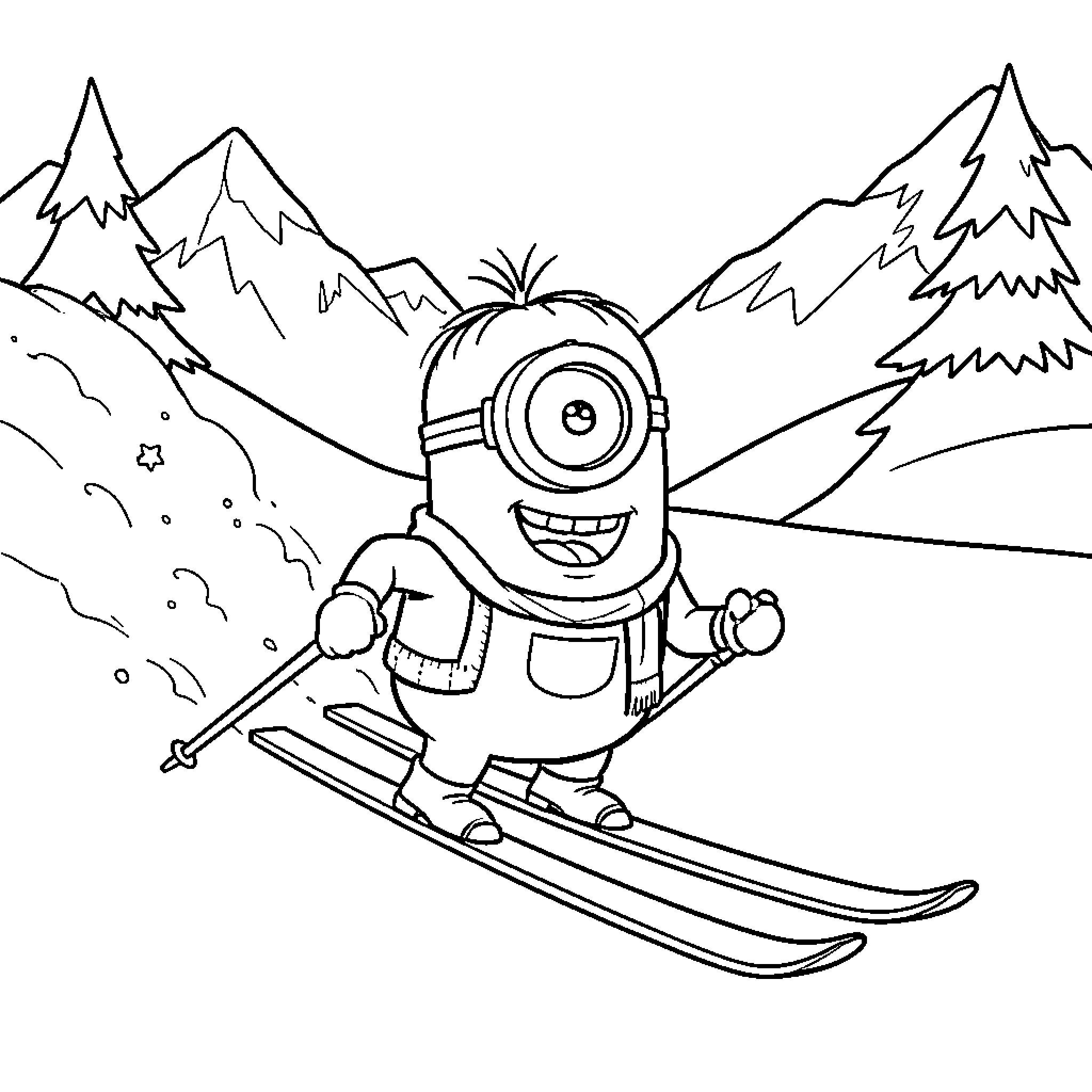 Minion skiing down the snowy mountain slopes Coloring Page (free black-and-white line drawing printable PDF for all, from beginners to advanced learners, including children, teens, adults, and seniors)