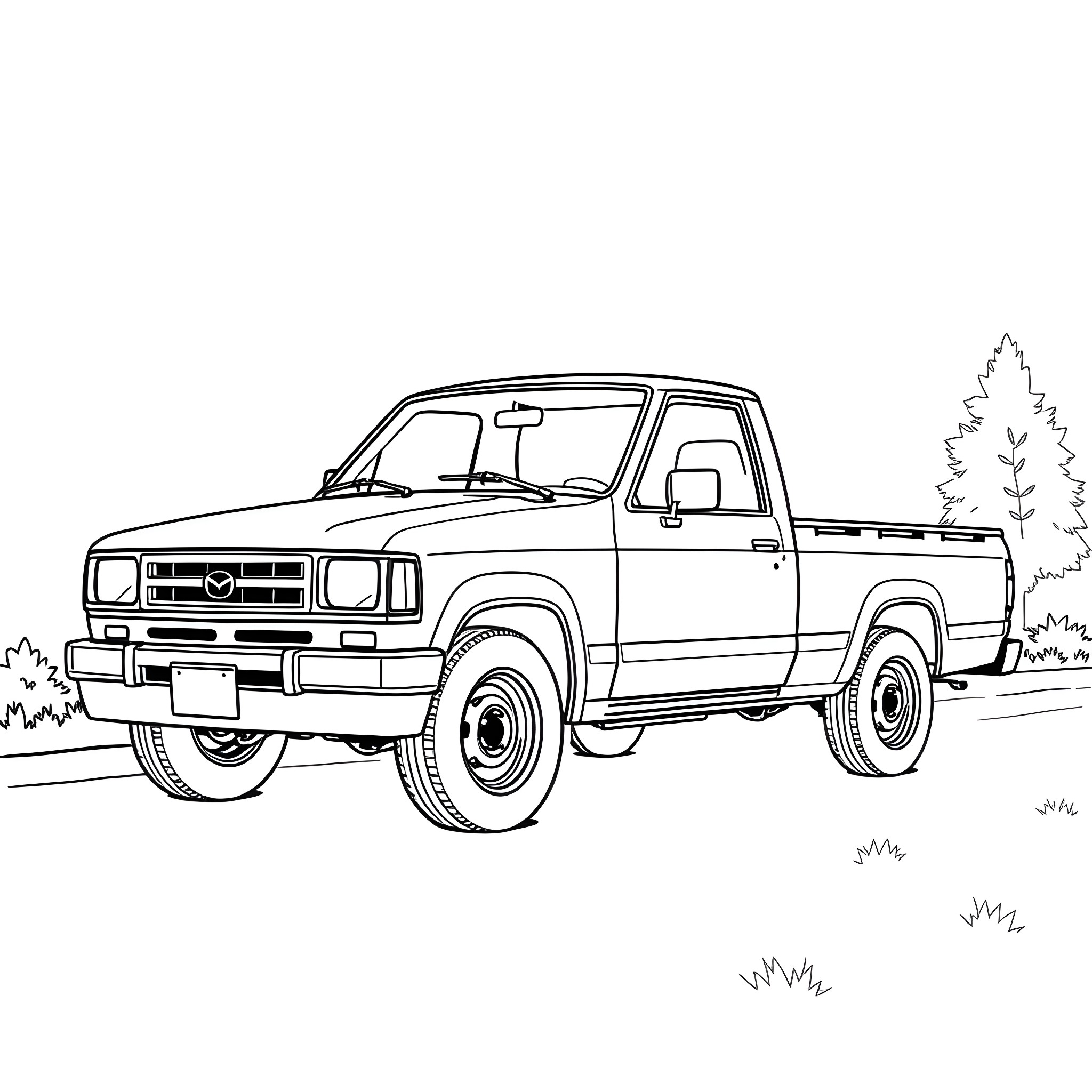 Mazda Pickup Truck in a Rustic Outdoor Scene Coloring Page (free black-and-white line drawing printable PDF for all, from beginners to advanced learners, including children, teens, adults, and seniors)