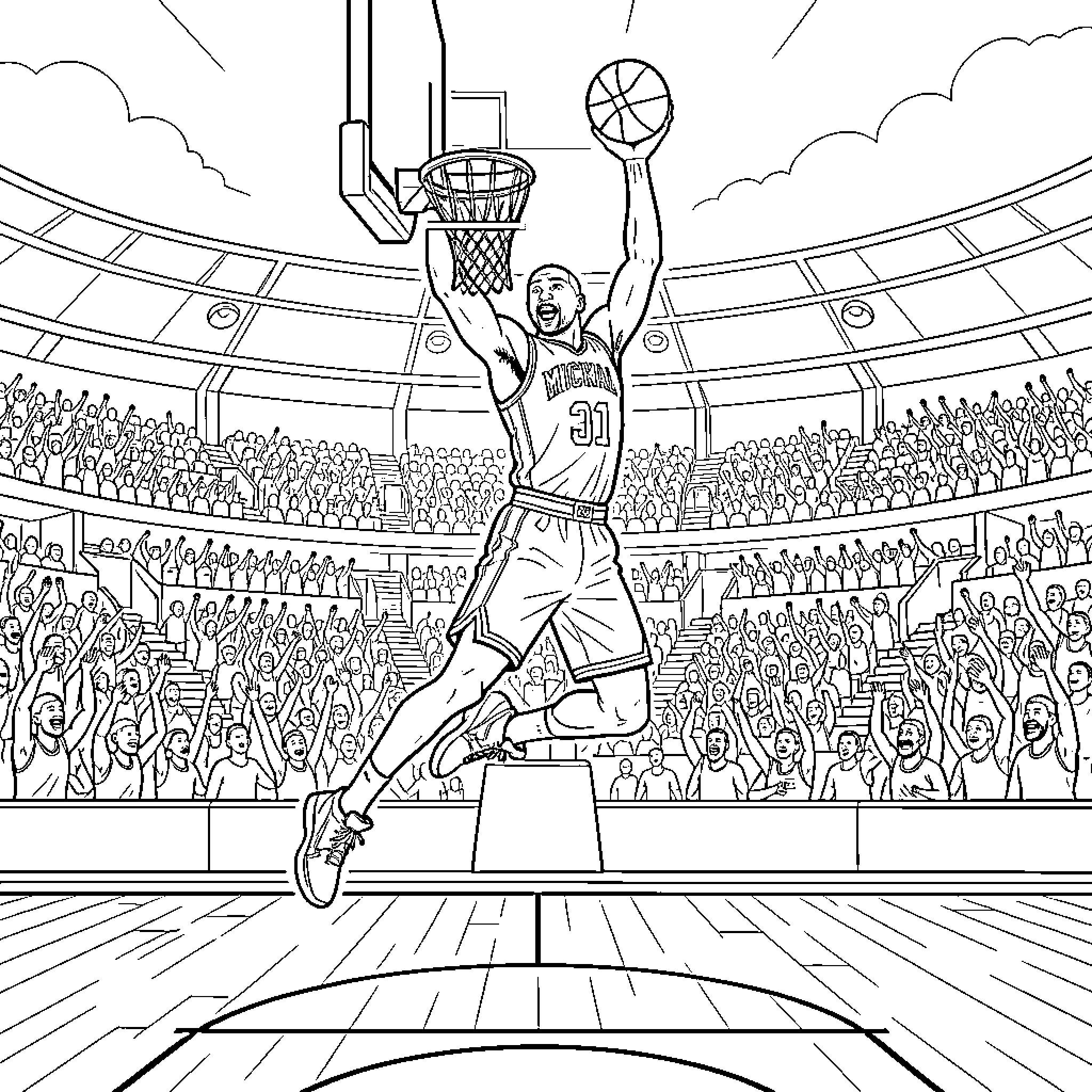 Mickael Jordan performing a powerful slam dunk in a stadium Coloring Page (free black-and-white line drawing printable PDF for all, from beginners to advanced learners, including children, teens, adults, and seniors)