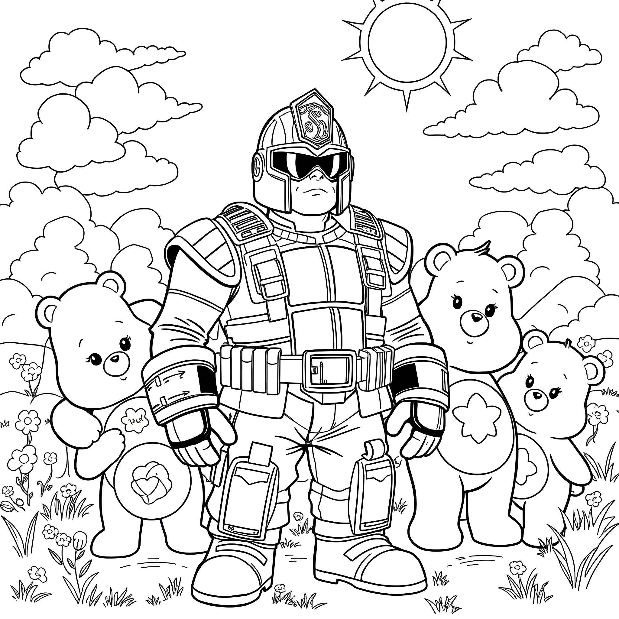 Judge Dredd posing with friendly teddy bears in the wilderness Coloring Page (free black-and-white line drawing printable PDF for all, from beginners to advanced learners, including children, teens, adults, and seniors)