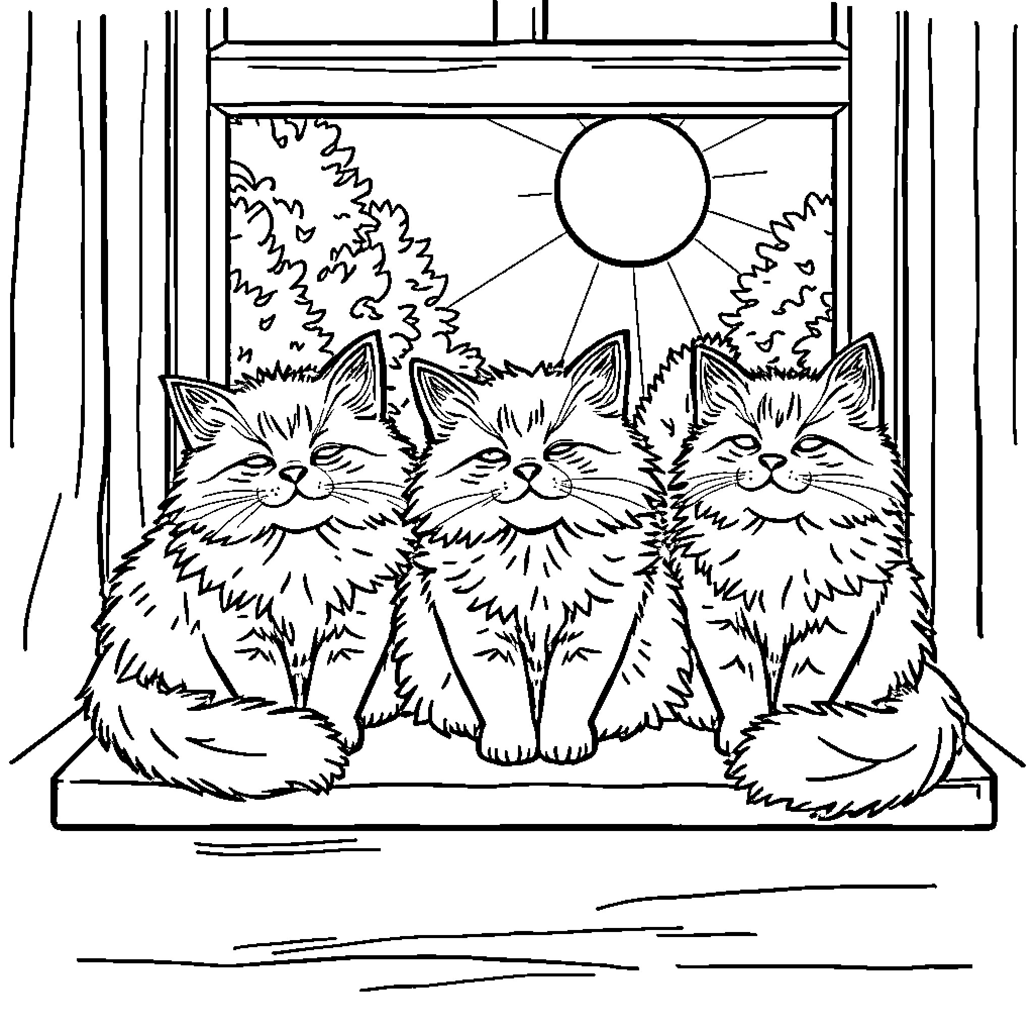 Cat Trio Enjoying Sunshine Through Window Coloring Page (free black-and-white line drawing printable PDF for all, from beginners to advanced learners, including children, teens, adults, and seniors)