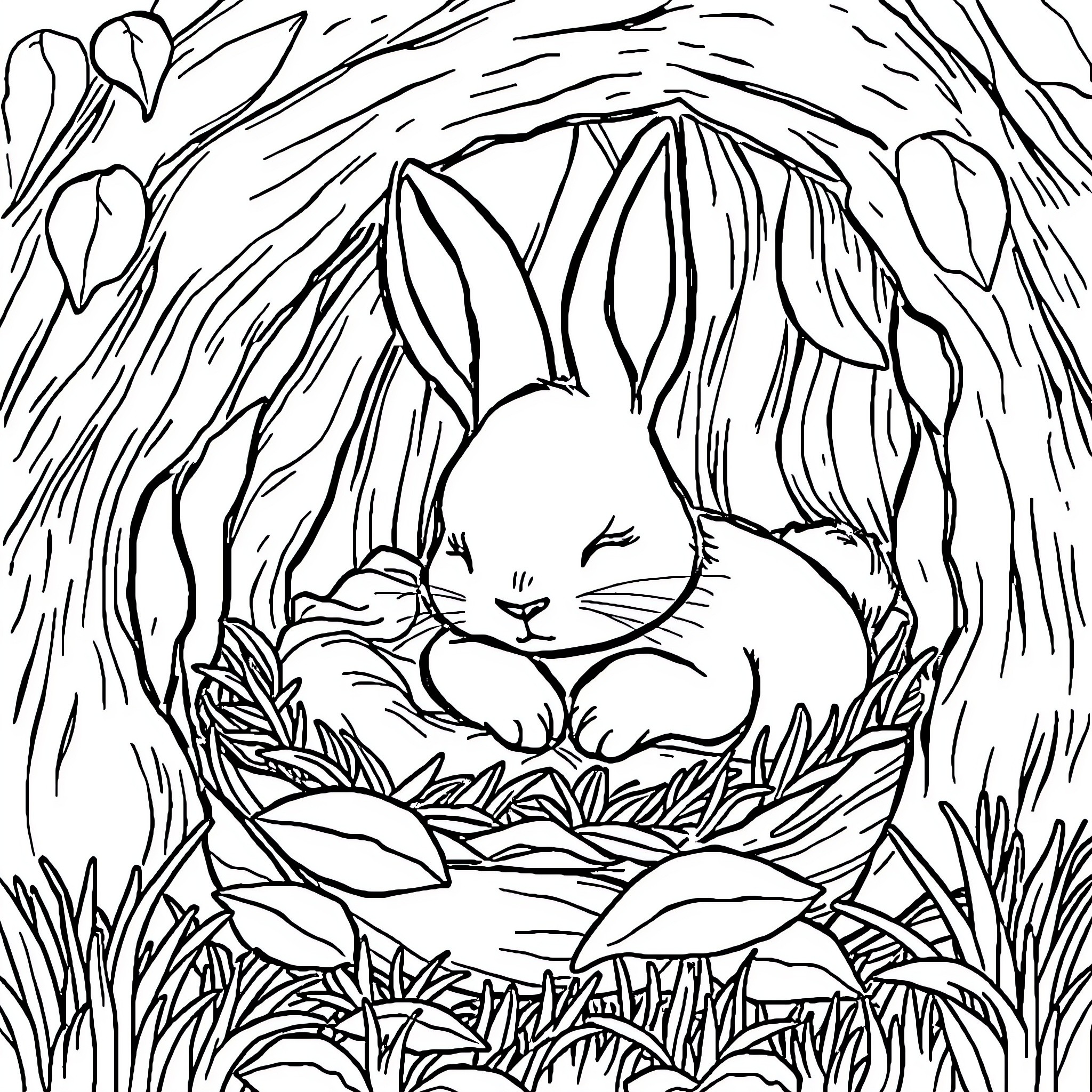 Bunny napping peacefully in cozy forest den Coloring Page (free black-and-white line drawing printable PDF for all, from beginners to advanced learners, including children, teens, adults, and seniors)