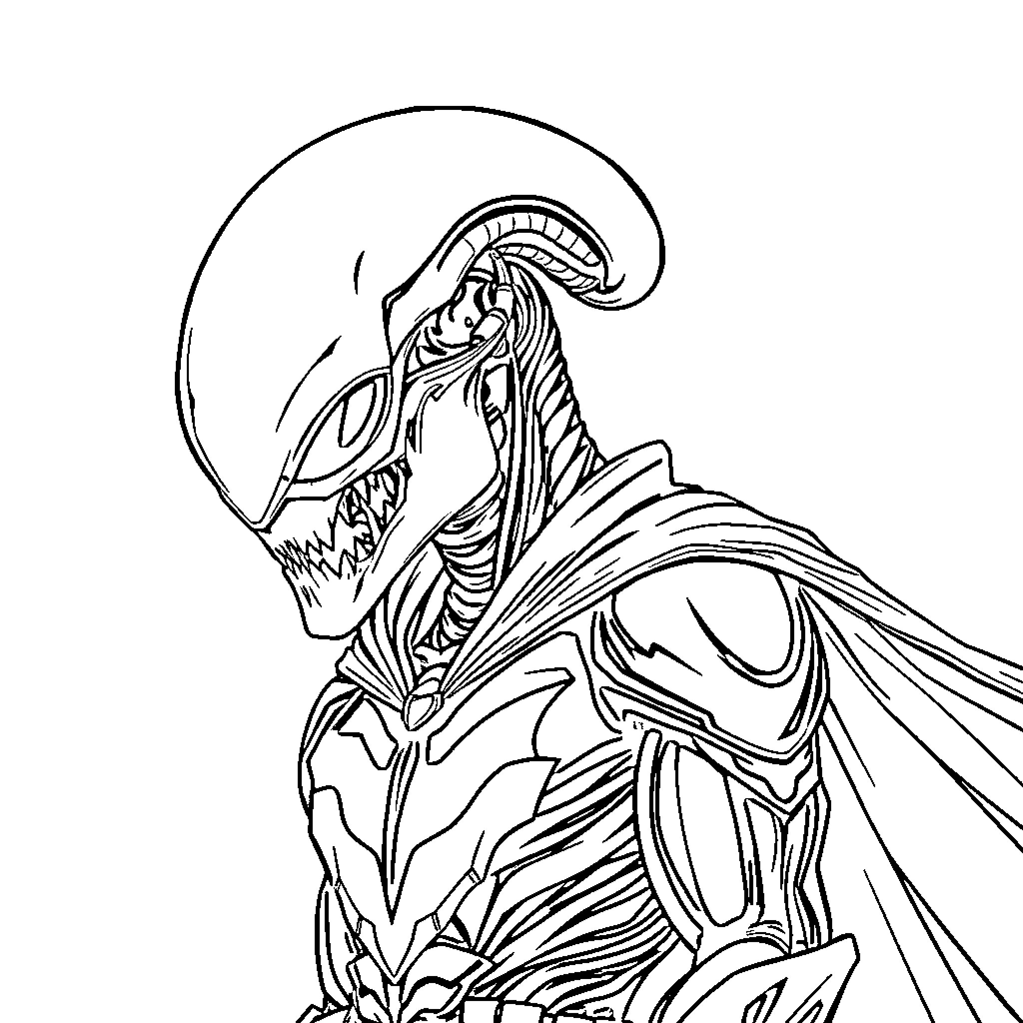 Xenomorph creature in aggressive stance Coloring Page (free black-and-white line drawing printable PDF for all, from beginners to advanced learners, including children, teens, adults, and seniors)