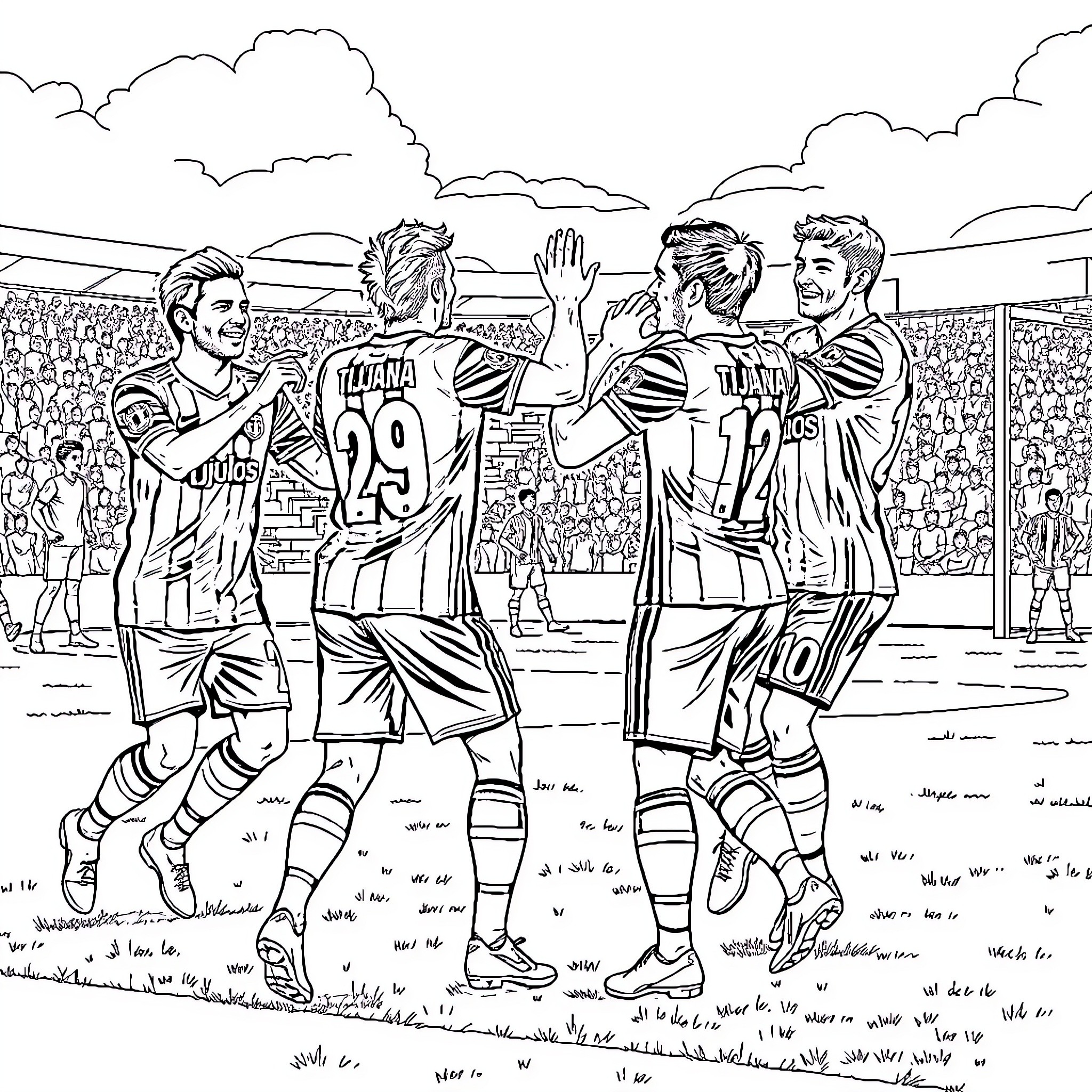 Xolo Soccer Players Celebrating Victory on the Field Coloring Page (free black-and-white line drawing printable PDF for all, from beginners to advanced learners, including children, teens, adults, and seniors)