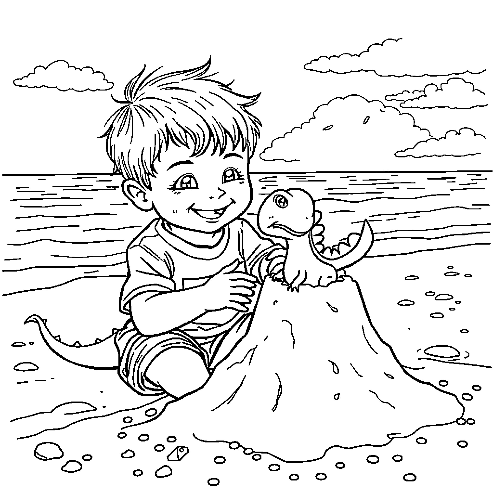 Dinosaur Toy Playing with Boy on the Beach Coloring Page (free black-and-white line drawing printable PDF for all, from beginners to advanced learners, including children, teens, adults, and seniors)