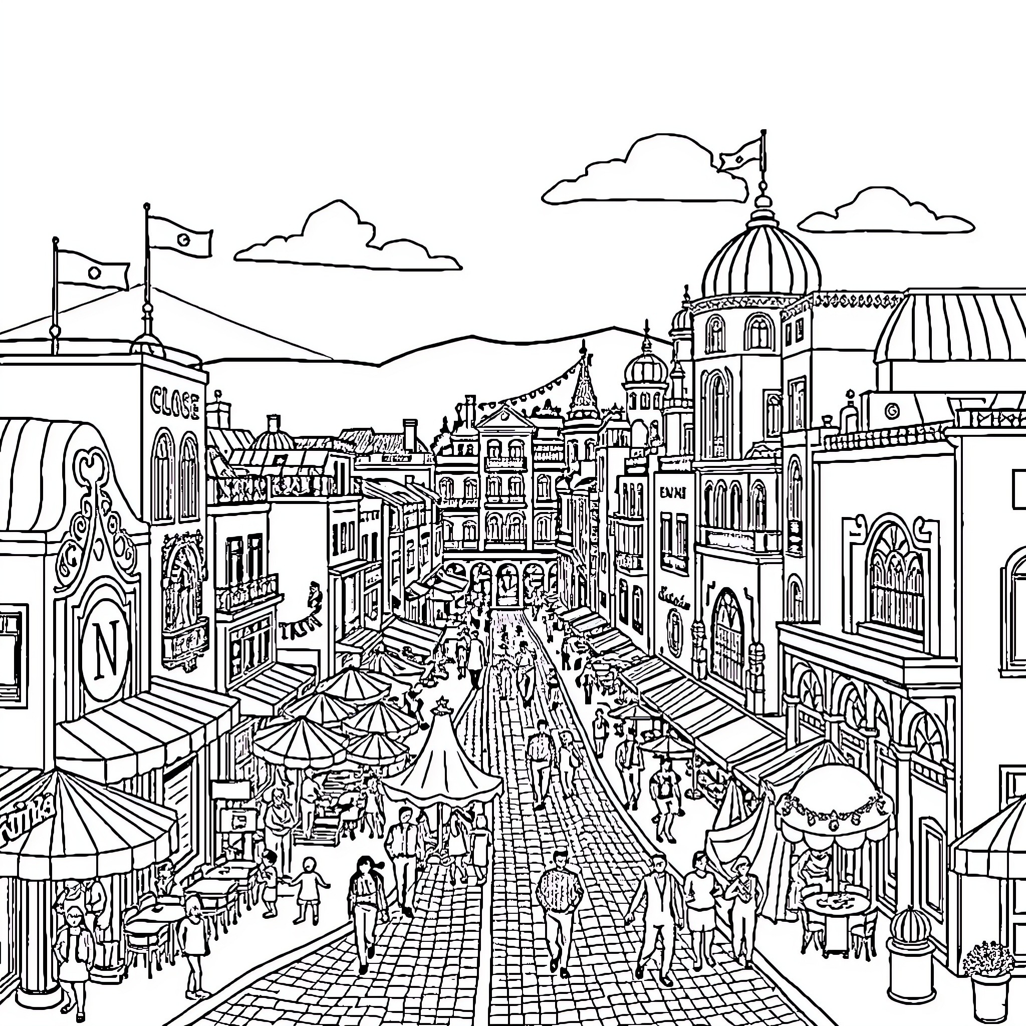 Nicolandria: Bustling Carnival in a Whimsical City Coloring Page (free black-and-white line drawing printable PDF for all, from beginners to advanced learners, including children, teens, adults, and seniors)