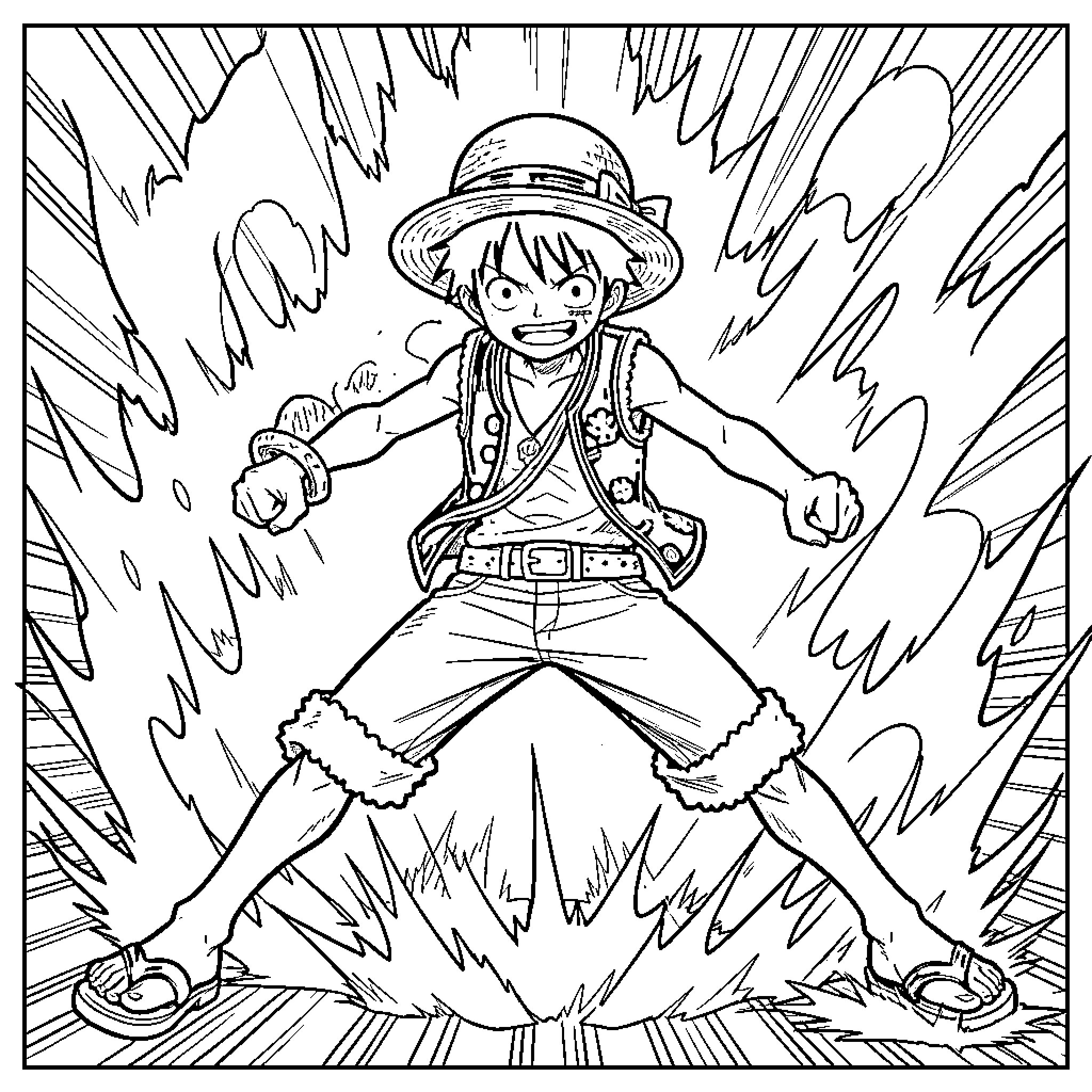 Luffy unleashing a powerful attack Coloring Page (free black-and-white line drawing printable PDF for all, from beginners to advanced learners, including children, teens, adults, and seniors)