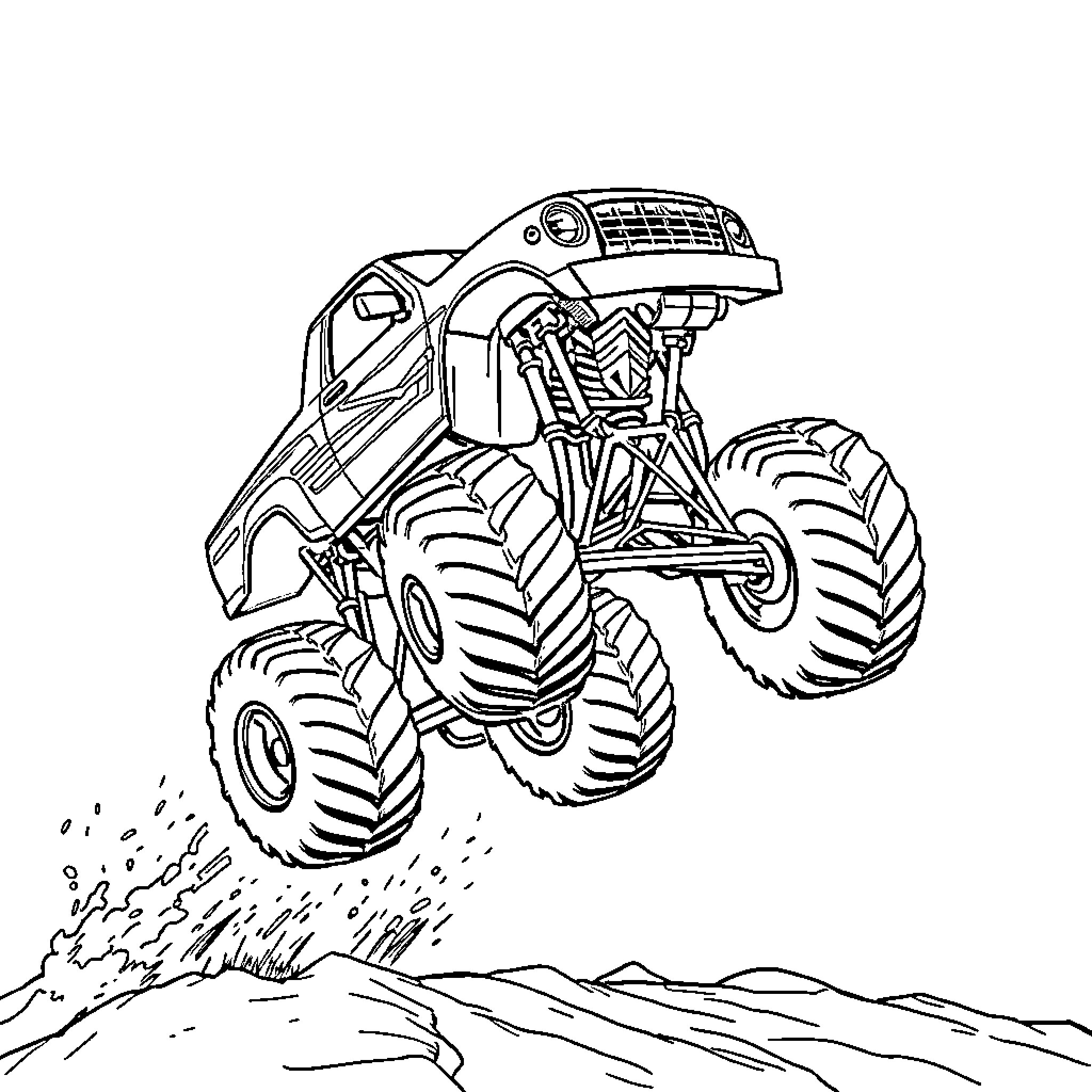 Monster Truck jumping over obstacles in action Coloring Page (free black-and-white line drawing printable PDF for all, from beginners to advanced learners, including children, teens, adults, and seniors)