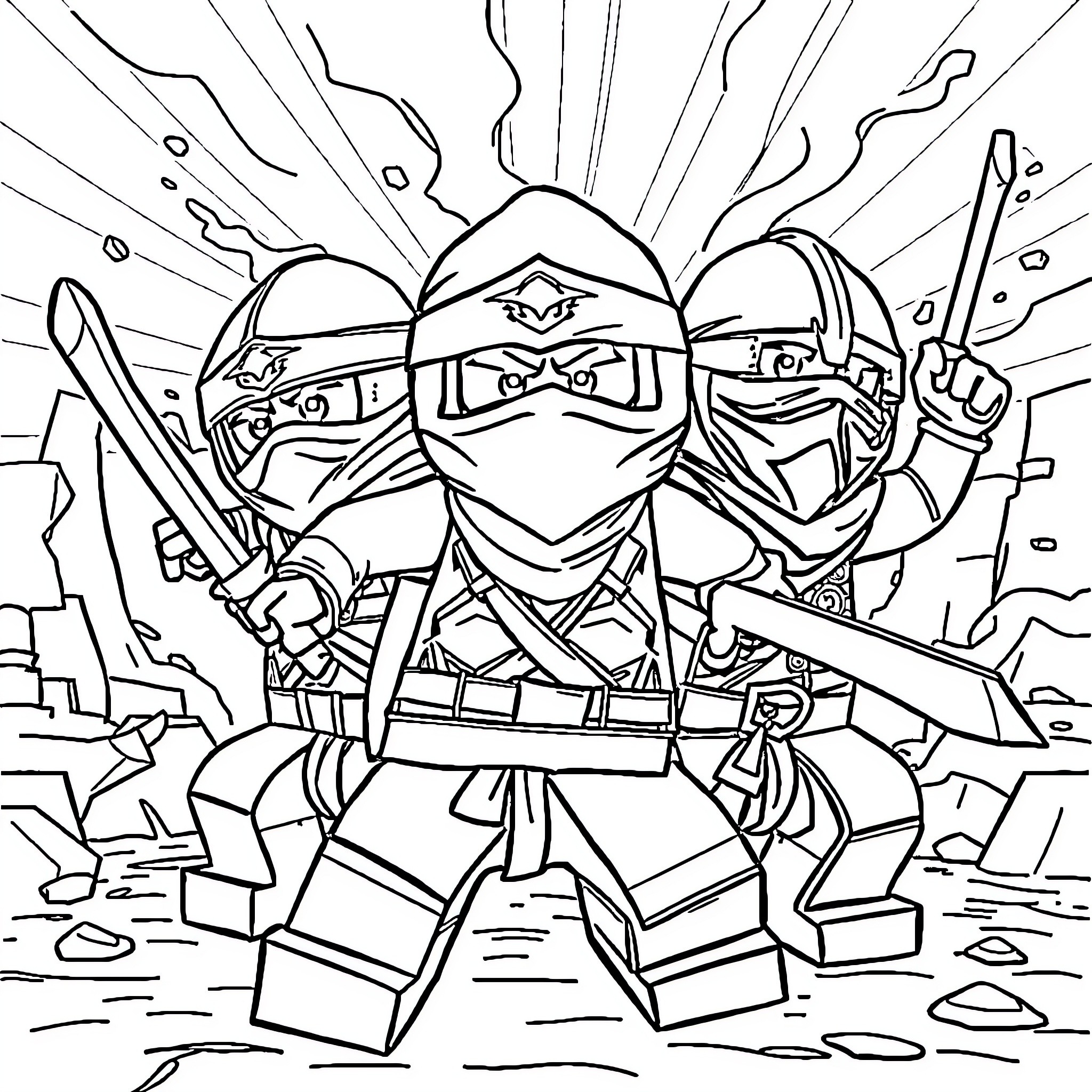Ninja Turtles in Action Pose Coloring Page (free black-and-white line drawing printable PDF for all, from beginners to advanced learners, including children, teens, adults, and seniors)