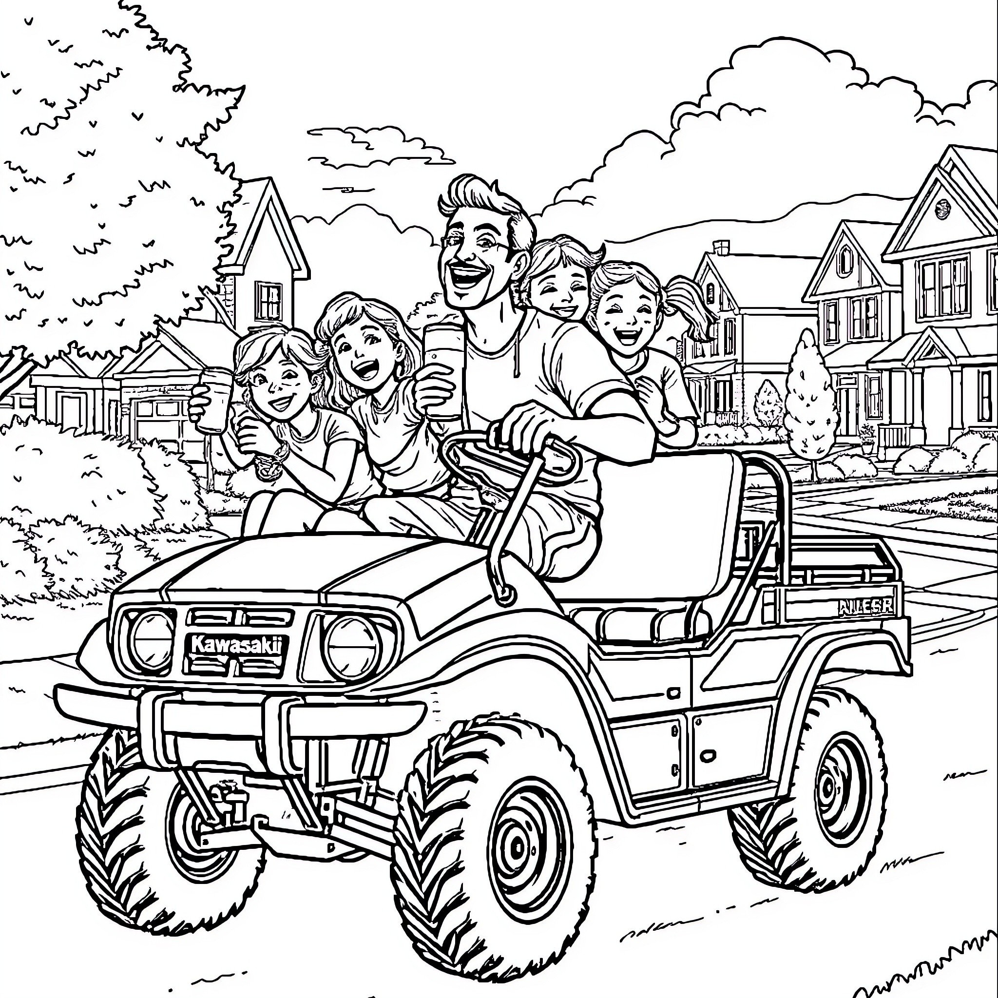 Dad and family enjoying off-road adventure in the neighborhood Coloring Page (free black-and-white line drawing printable PDF for all, from beginners to advanced learners, including children, teens, adults, and seniors)