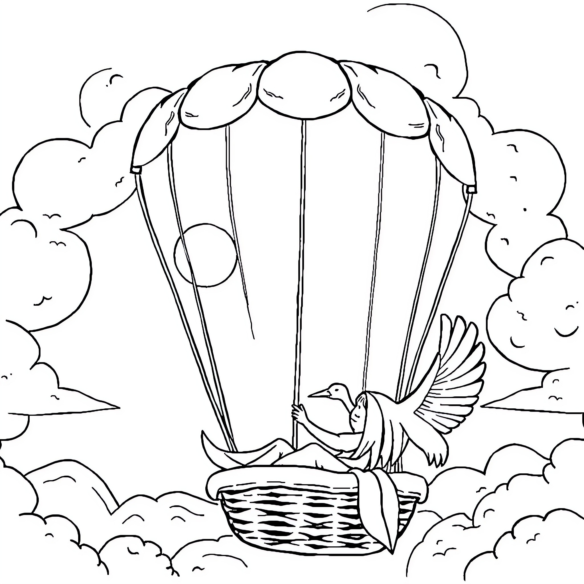 Hot Air Balloon Soaring With Birds Coloring Page (free black-and-white line drawing printable PDF for all, from beginners to advanced learners, including children, teens, adults, and seniors)