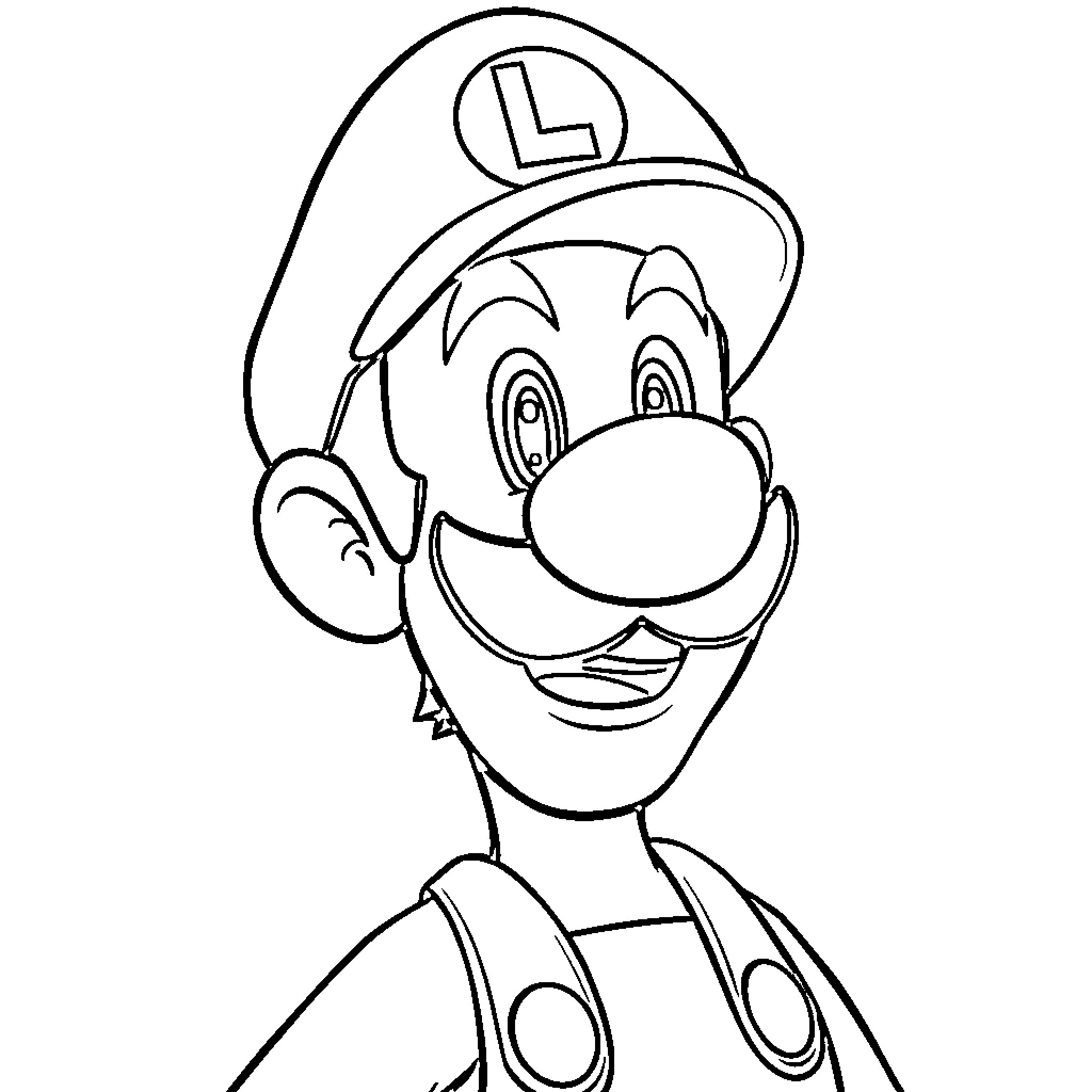 Luigi the Smiling Plumber in His Iconic Outfit Coloring Page (free black-and-white line drawing printable PDF for all, from beginners to advanced learners, including children, teens, adults, and seniors)